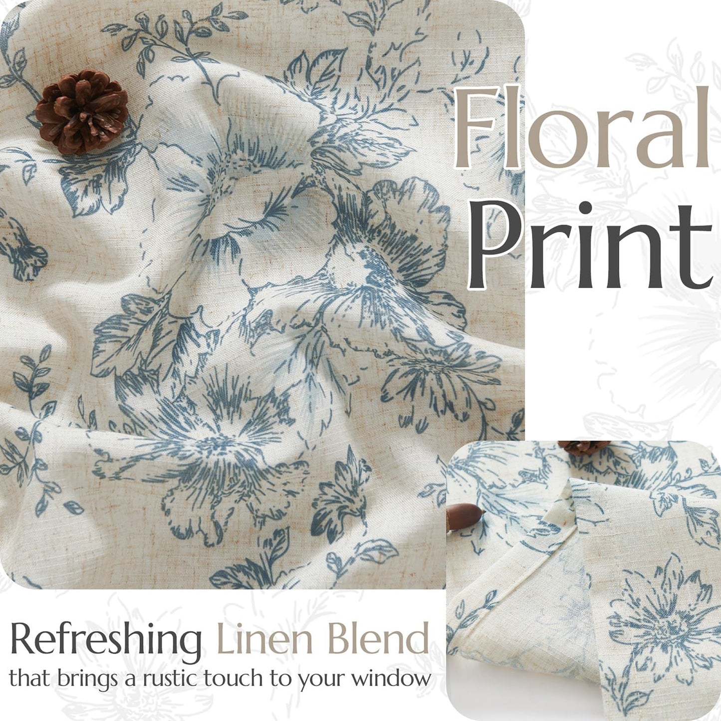 jinchan Floral Linen Tier Curtains Blue Flower on Beige Cafe Curtains 36 Inch Length Kitchen Living Room Bedroom Bathroom Farmhouse Rustic Country Rod Pocket 2 Panels