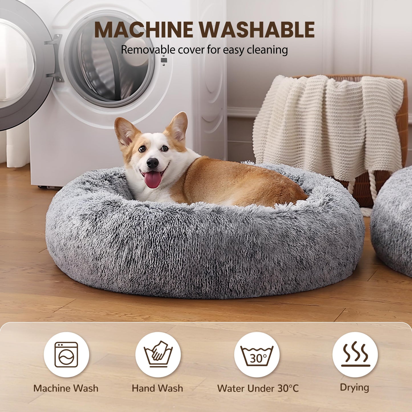 Warmrest Donut Dog Bed Medium Size Dog 30 Inch, Round Cat Beds for Small Medium Dogs and Cats with Washable Fluffy Faux Fur, Cute Comfort Pet Bed with Anti-Slip Bottom, Grey