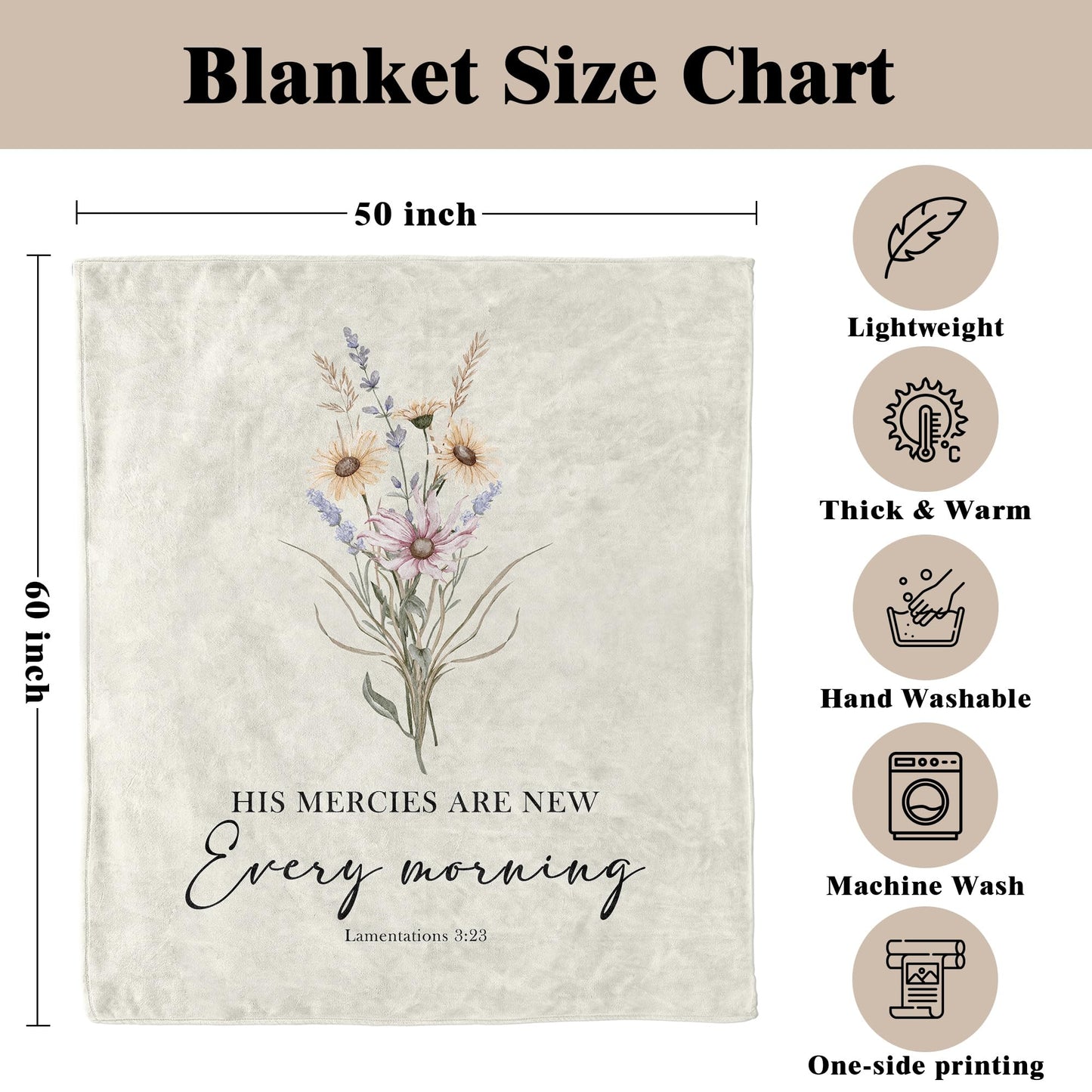 VRW His Mercies are New Every Morning Christian Blanket, Boho Floral Christian Bible Verse Flannel Throw Blankets for Women, Religious Prayer Hug Blankets for Bedroom Living Room Couch Sofa,50x60 Inch