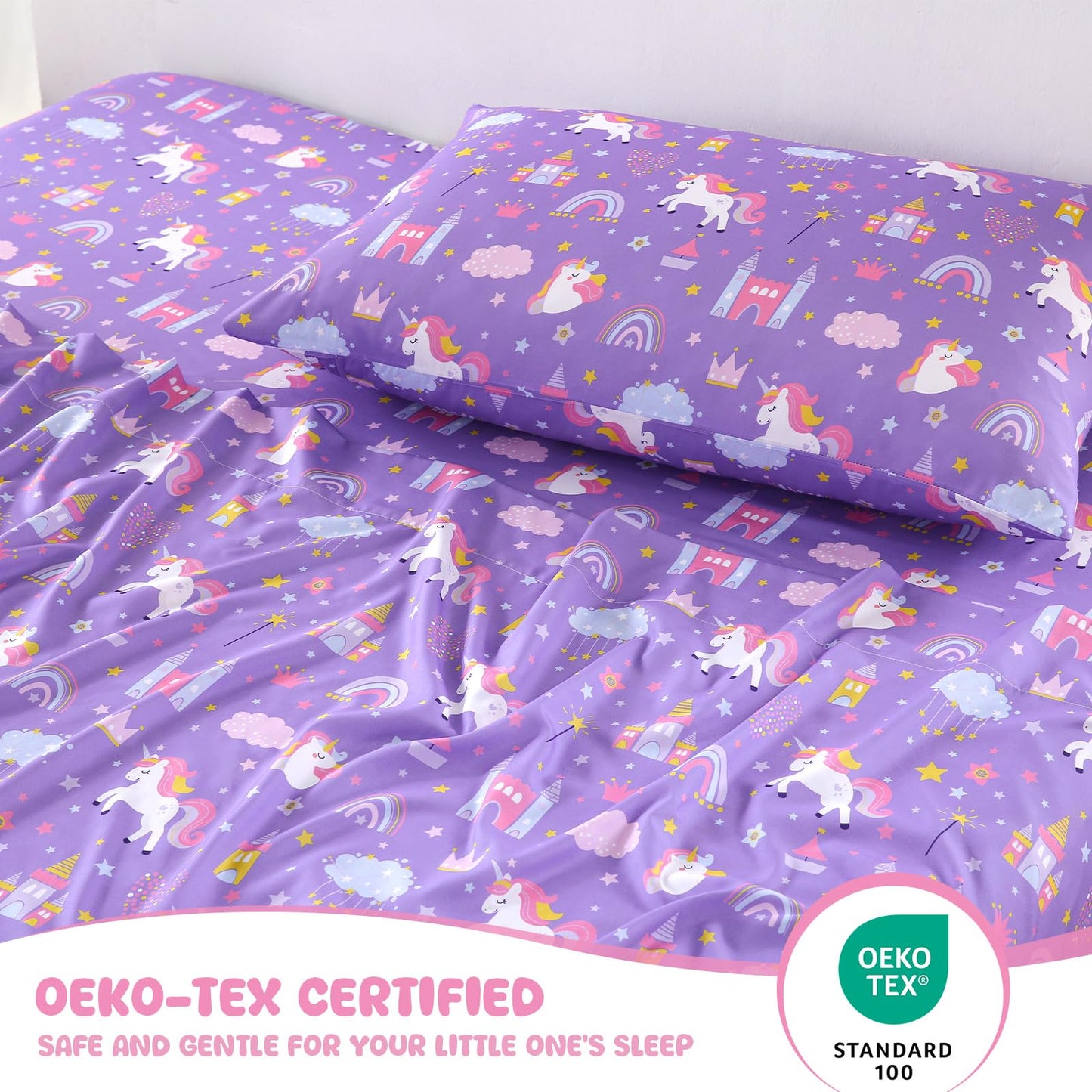 MICORAL Kids Twin Sheet Set Dinosaur, 3 Pieces Unicorn Purple Sheets for Boys & Girls, Soft Printed Microfiber Bed Sheets, Deep Pocket Cozy Toddler Bedding Set