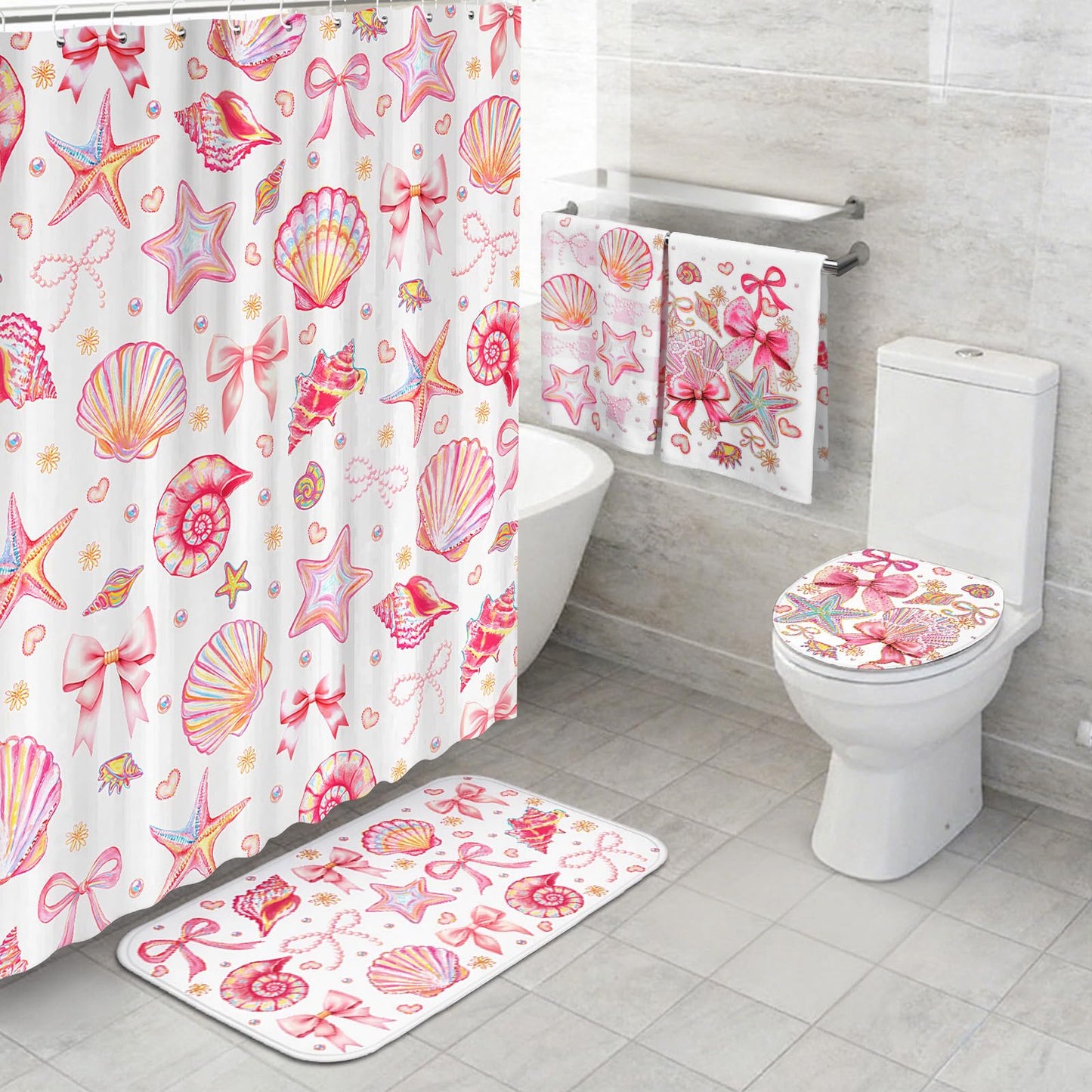 Tatuo 8 Pcs Beach Shower Curtain Set Blue Bow Ocean Summer Beach Party Bathroom Accessories Sets Coquette Starfish Coastal Waterproof Shower Curtain with Towels Carpet Bath Mat Toilet Rugs 12 Hooks