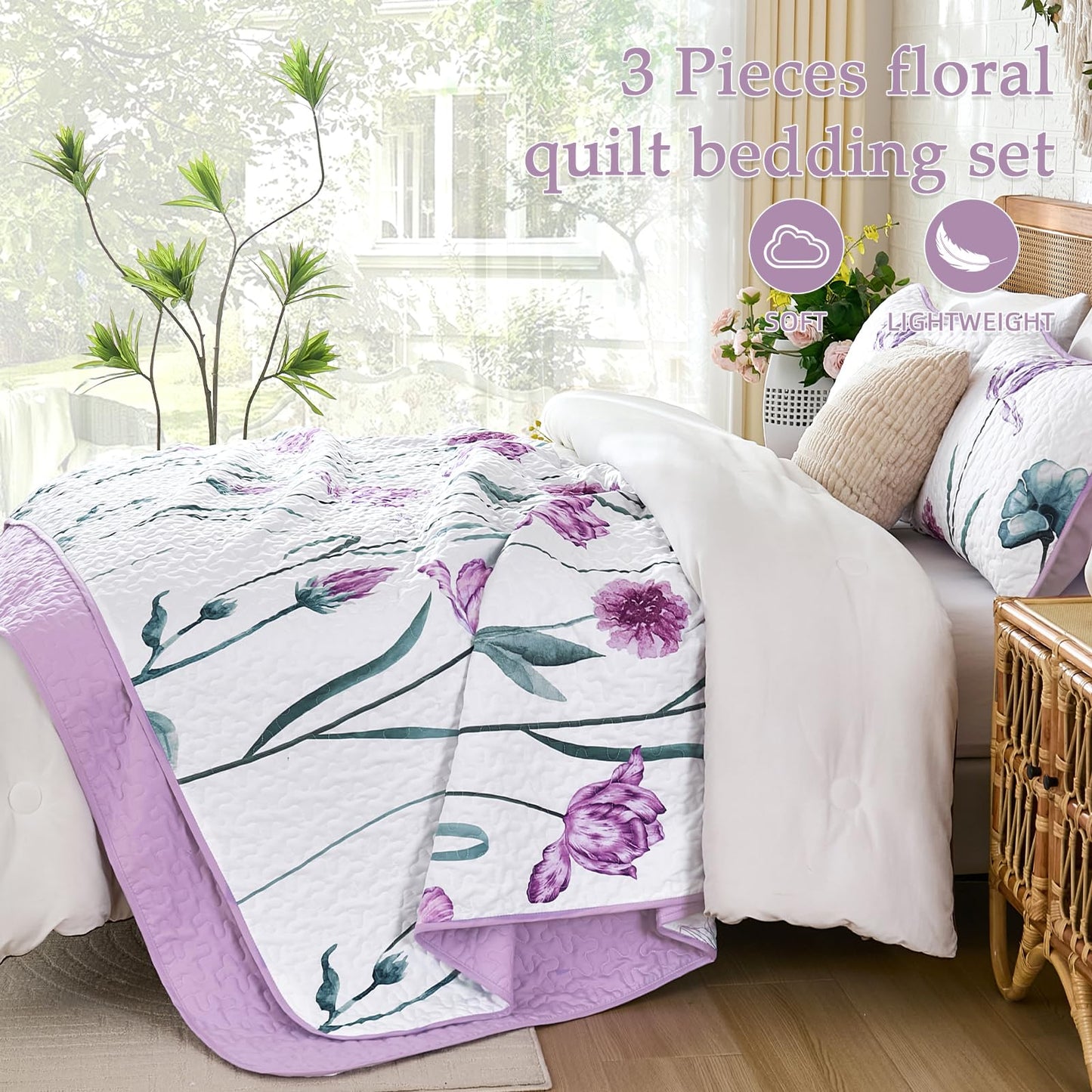 WONGS BEDDING Purple Queen Quilt Set, 3 Pieces Light Purple Floral Bedspread Coverlet Set, Lightweight Spring Farmhouse Cute Botanical Quilts Bedding Set (96"x90")