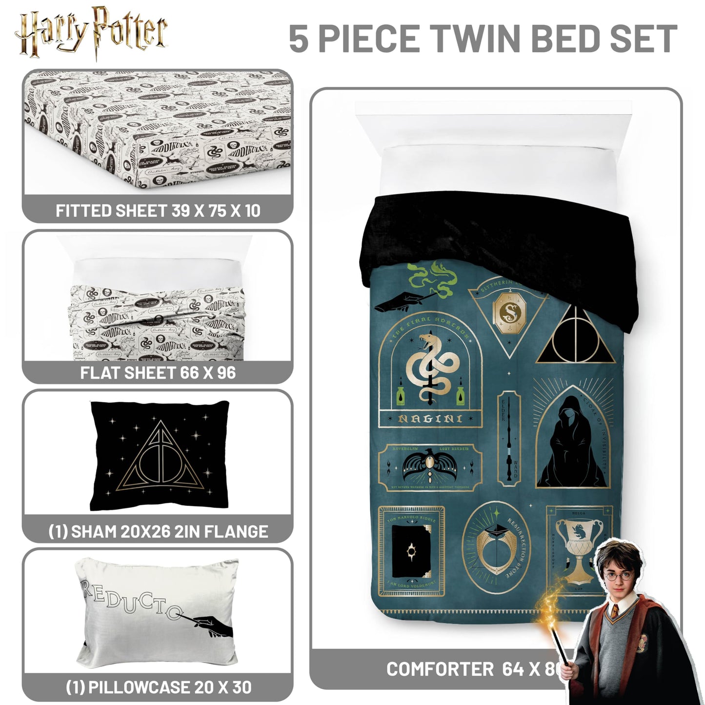 Jay Franco Kids Comforter Set Includes Sheets and Pillow Covers - Soft and Cozy Bed Set for Stylish Room Decor, Blue - Harry Potter, 5 Piece Twin Size Bedding