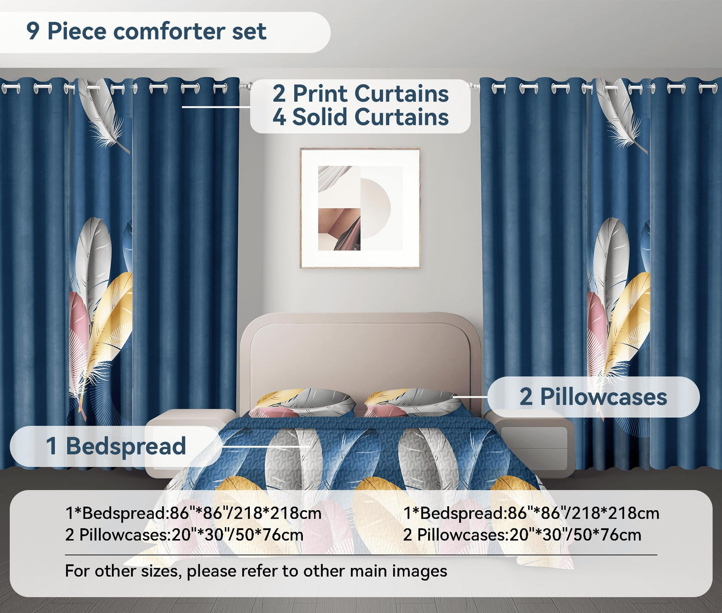 Luxury 9-Piece Blue Feather King Light Comforter Set, Bohemian Bed in a Bag King Bedspread with Matching Curtains Ultra Soft & Breathable All-Season Decor for Master Suite, Chic Home & Wedding Decor