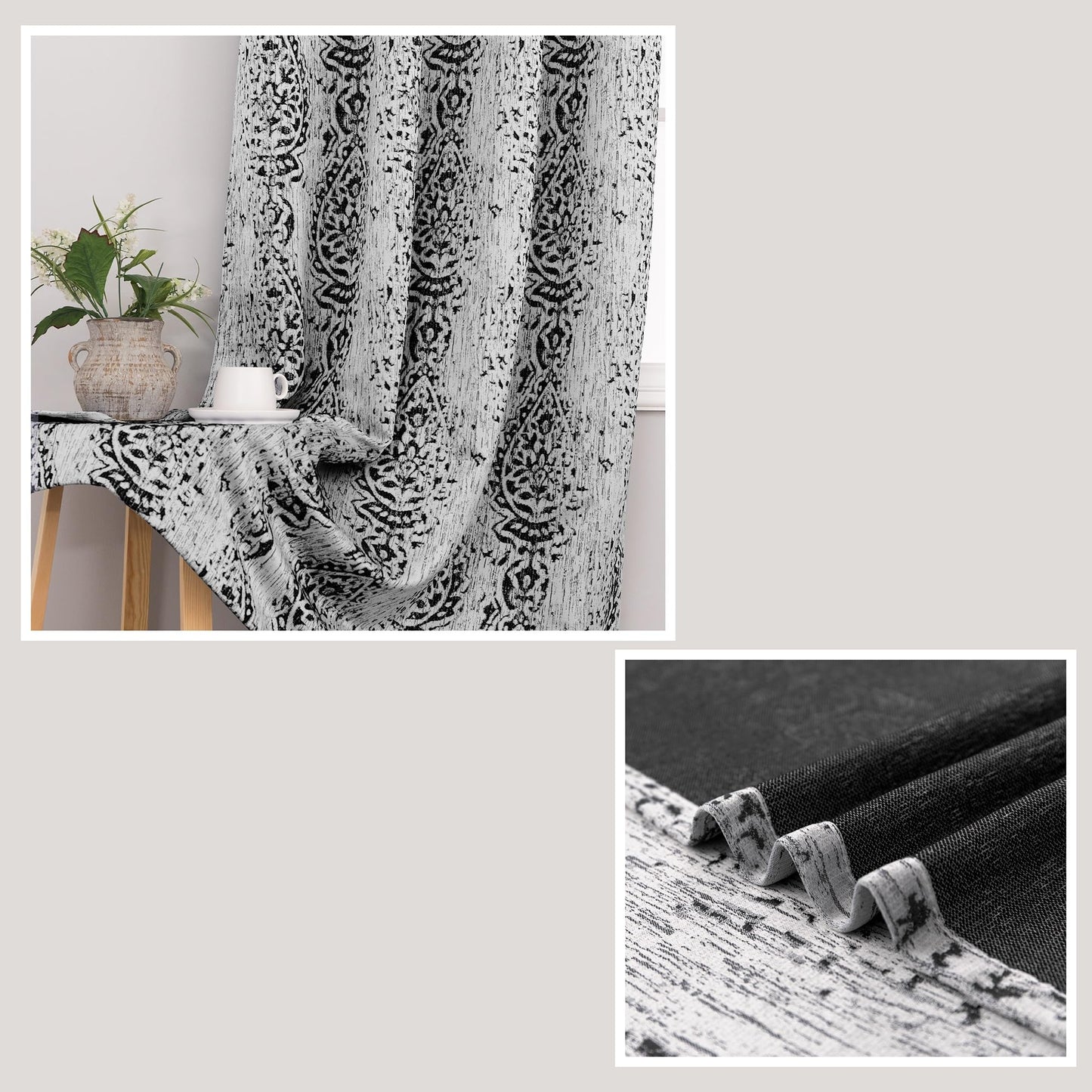 Black and Grey Cream Living Room Curtains 84 Inches Long Damask Patterned Dark Light Blocking Window Treatments Room Curtains Drapes for Bedroom,52x84 Inch Length 2 Panels Set