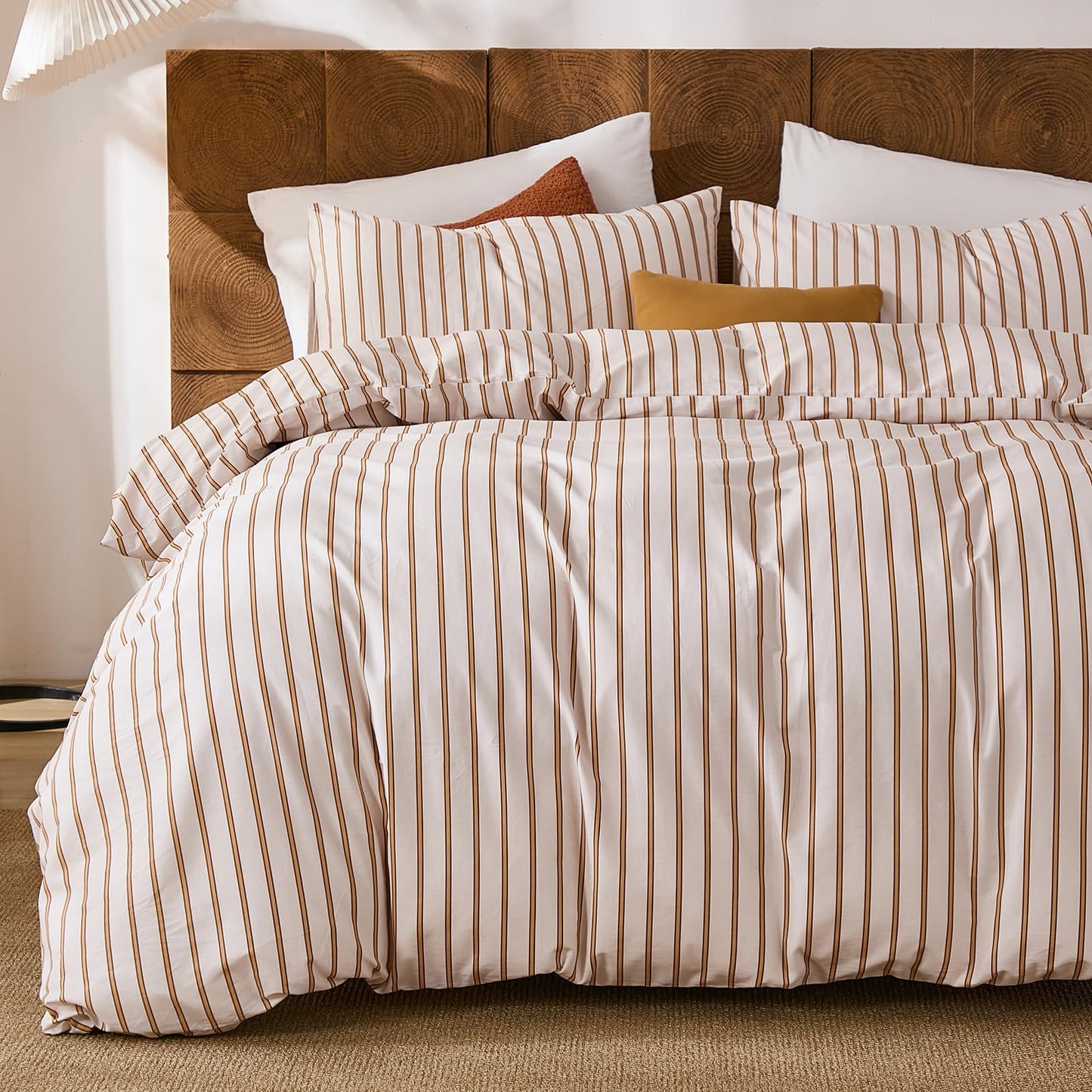 Merryword 100% Cotton Comforter Set King Size - Beige and Terracotta Striped Comforter with 2 Pillowcases, Luxury & Silky Soft Comforter Set for All Seasons