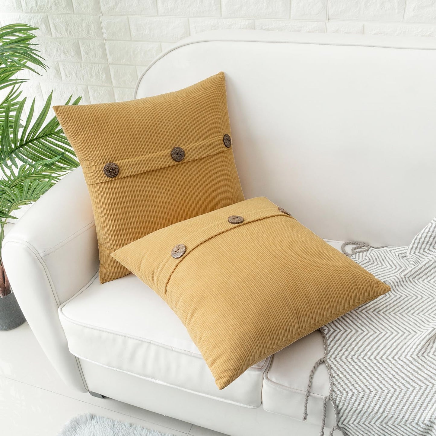 HWY 50 Mustard Yellow Chenille Throw Pillow Covers 16x16 Inch with Triple Buttons, Soft Farmhouse Accent Decorative Cushion Cases for Couch Sofa Bed Living Room Pack of 2