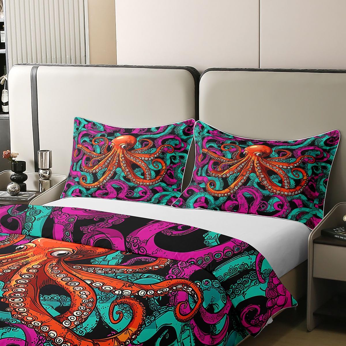 Erosebridal Octopus 100% Cotton Duvet Cover Twin Size Sea Life Bedding Set Ocean Animal Comforter Cover for Kids Teens Adult Reptile Bedspread Cover Underwater World Oasis Quilt Cover, Red