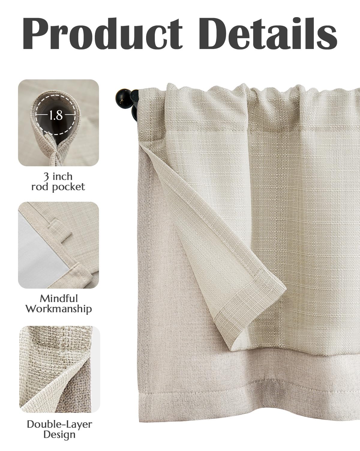 jinchan Faux Linen Valance Kitchen Curtain Light Filter Double Layer 18in