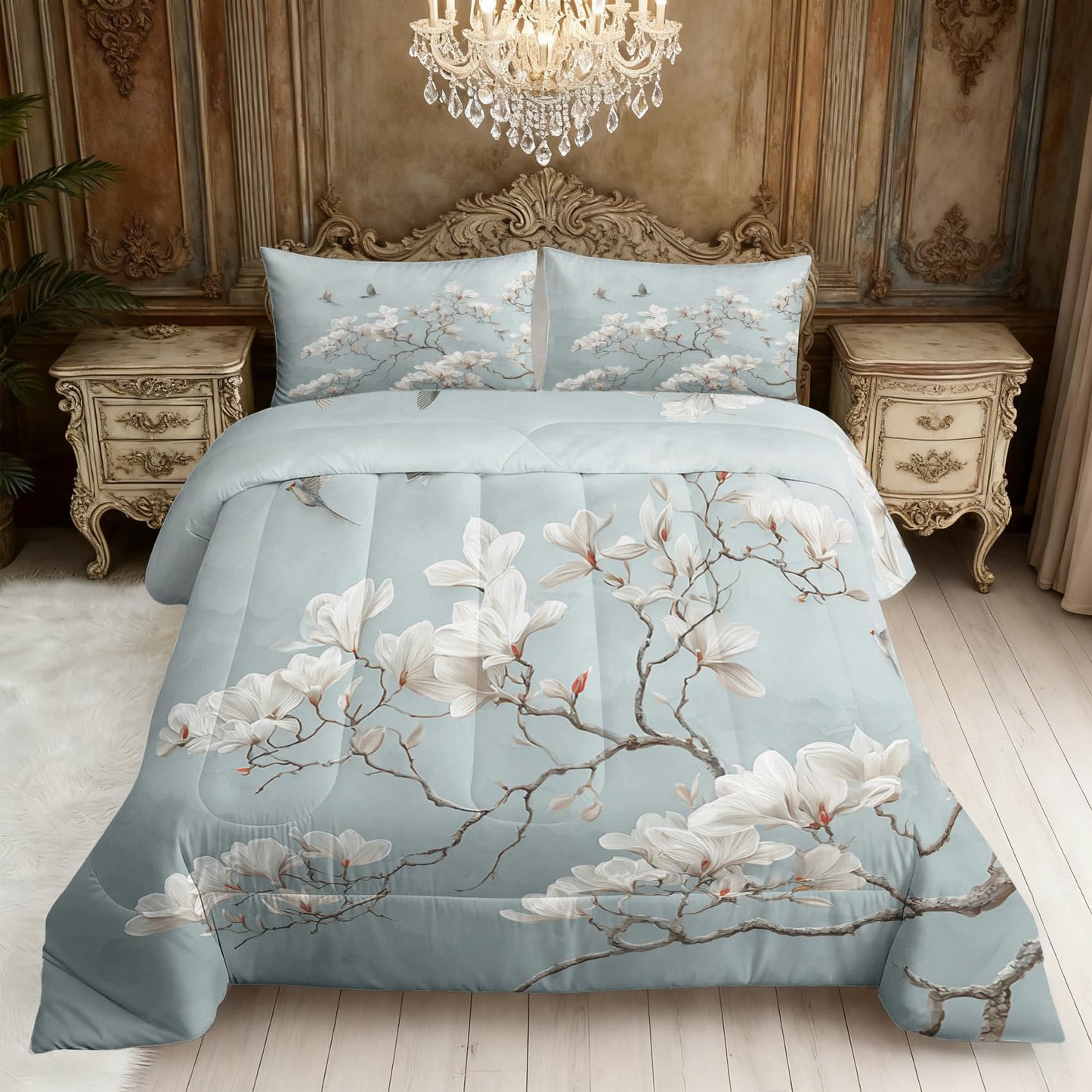 TANCAPRIUM Magnolia Comforter Set Twin - Japanese White Flower Bedding Set & 2 Pilow Cases for All Season - Soft Reversible Down Alternative 3 Piece. Floral Bedrom Decor