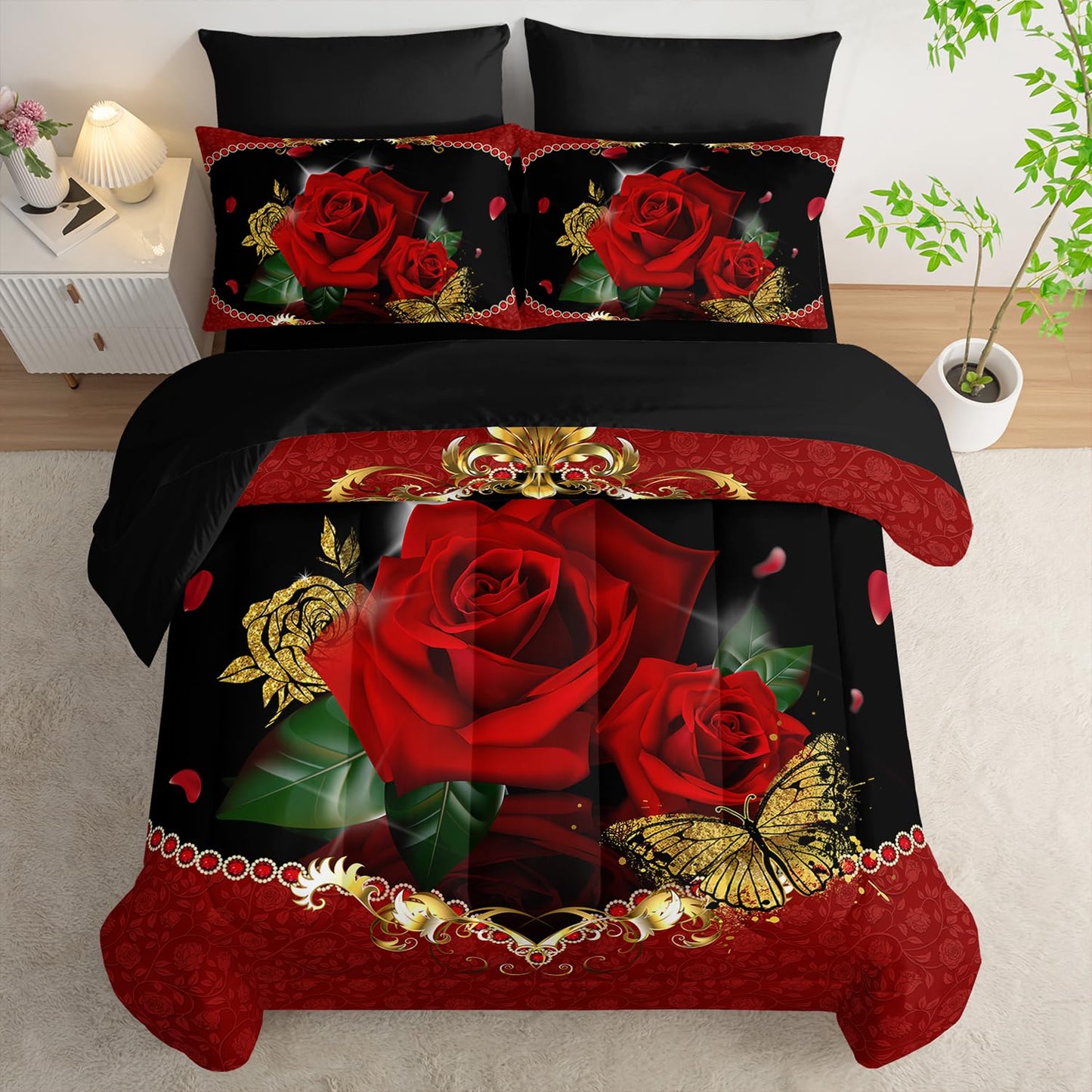 AILONEN 3D Oil Painting Red Rose Comforter Set Full Size,7-Piece 3D Rose and Butterfly Pattern Bed in a Bag,Comforter & Fitted Sheet with Flat Sheet & 2 Pillowcases,2 Pillow Cases for Bedroom