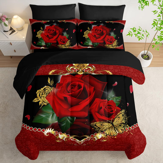 AILONEN 3D Oil Painting Red Rose Comforter Set Full Size,7-Piece 3D Rose and Butterfly Pattern Bed in a Bag,Comforter & Fitted Sheet with Flat Sheet & 2 Pillowcases,2 Pillow Cases for Bedroom