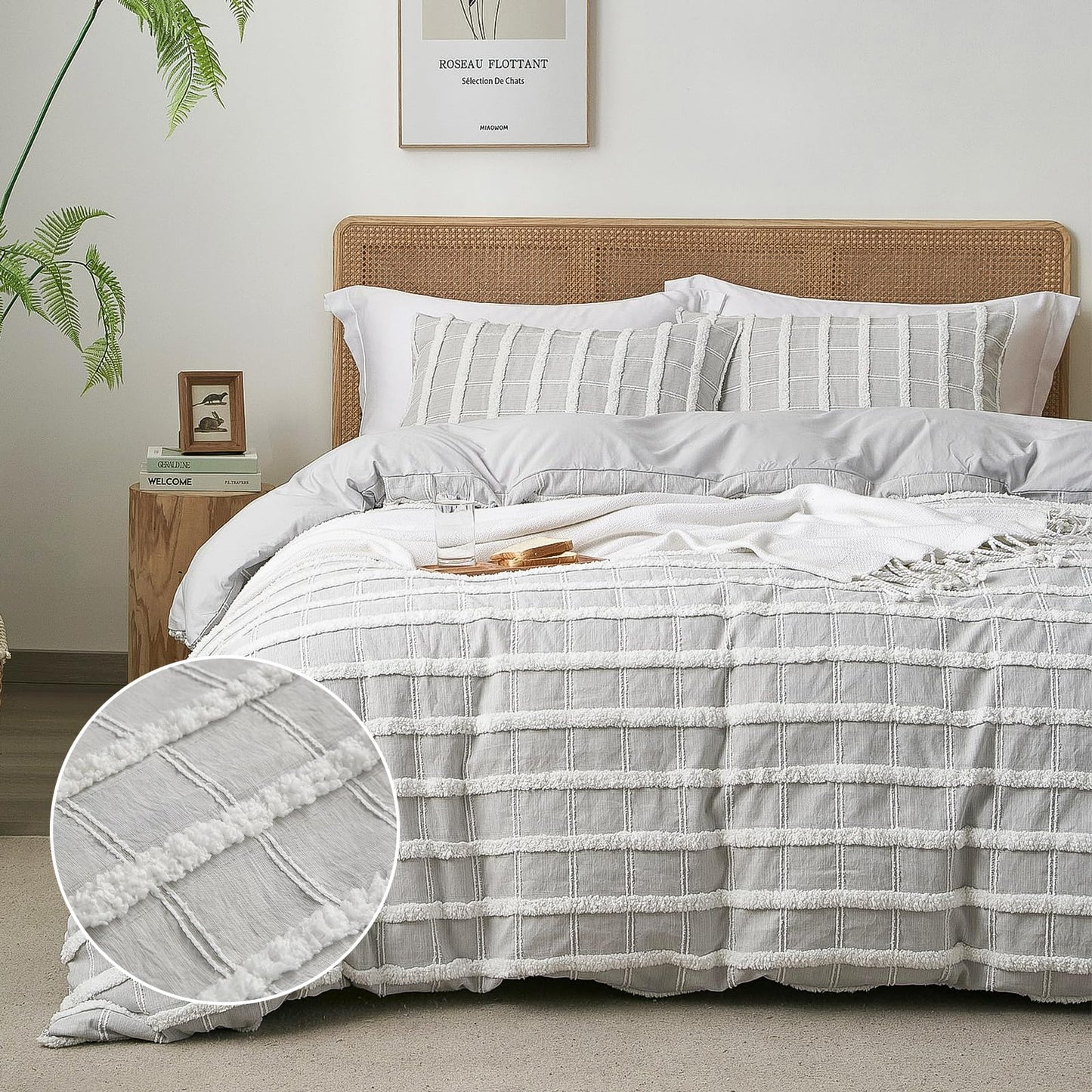 Tufted Boho Grey Stripe Queen Duvet Cover with 2 Pillow Shams, No Comforter