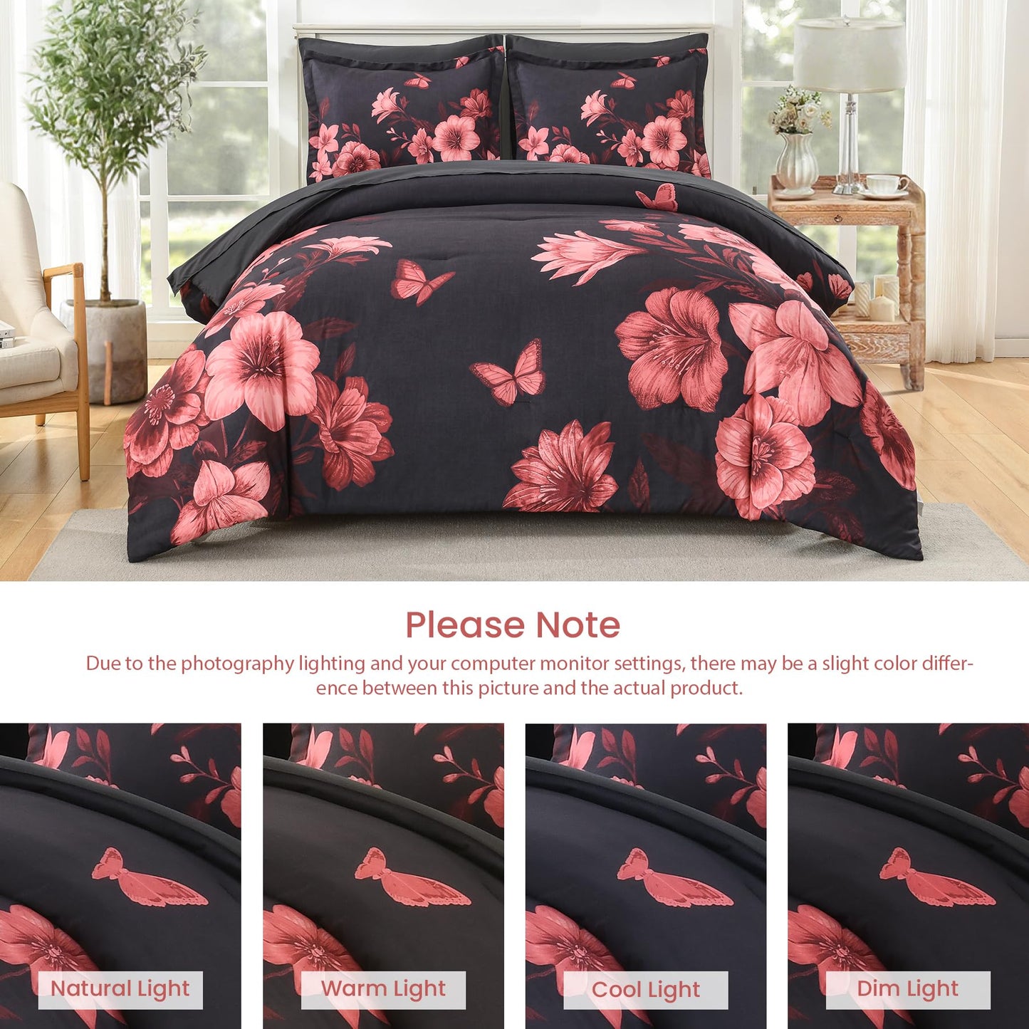 DHSFKBE Floral Comforter Set Queen Size, 7 Piece Black Bed in a Bag, Elegant Flower Pattern Comforter Set with Sheet, Soft Microfiber Complete Bedding Sets for All Season
