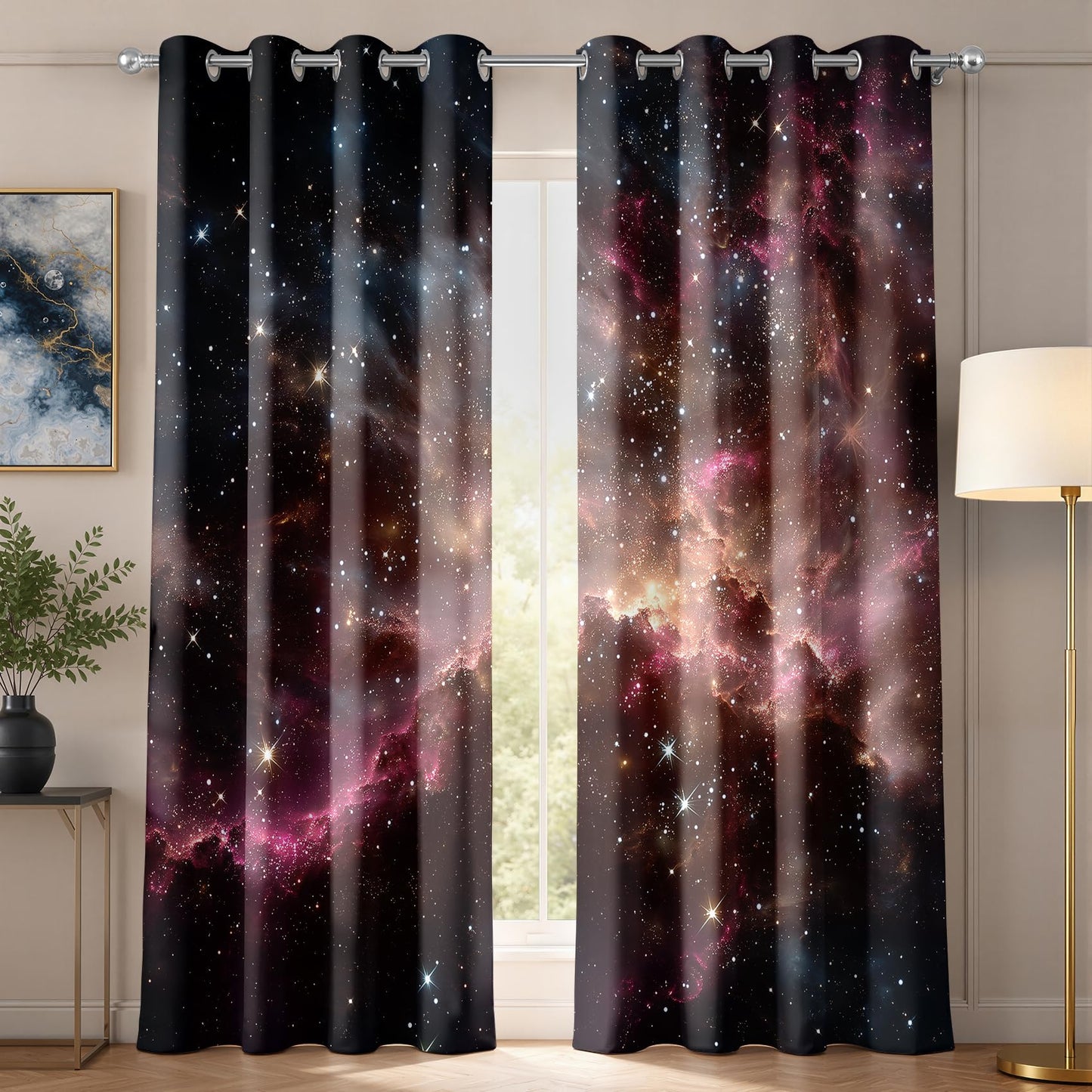 Galaxy Curtains 63 Inch Length 2 Panels Set, Colorful Nebula Starry Sky Stars Outer Space Patterned Blackout Curtains for Kitchen, Thermal Insulated Room Darkening Grommet Drapes