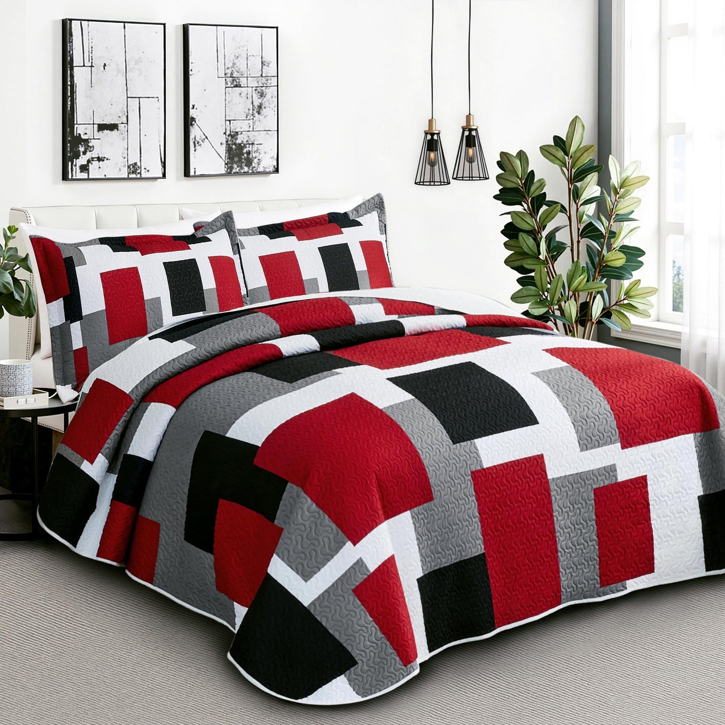 Tyrot 3 Piece Red Black Grey Quilt Set Full/Queen Size Red and White Geometric Reversible Bedding Set Microfiber Lightweight Bedspread Coverlet with 2 Shams Modern Bed Cover for All Season, 90''x96''