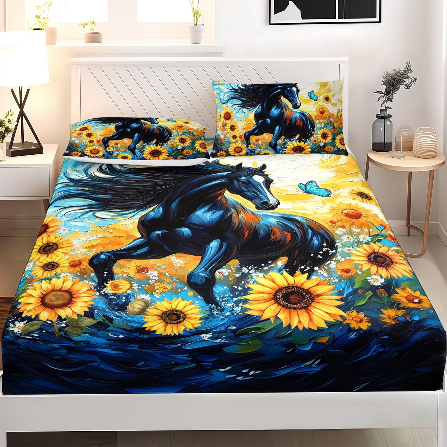 AILONEN Galloping Horse Bedding Sets for Kids Teens,Yellow Sunflower Floral Bed Sheets Set, Queen Size,Wildlife Animal Theme Fitted Sheet Set,1 Deep Pocket + 2 Pillowcase,Soft Breathable