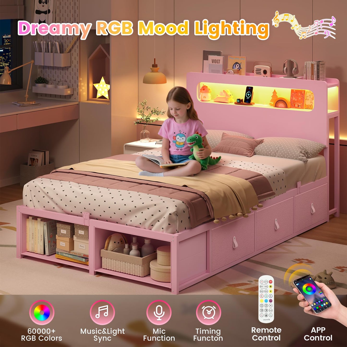 ADORNEVE Twin Bed Frame with 6 Drawers & LED Lights for Girls, Pink