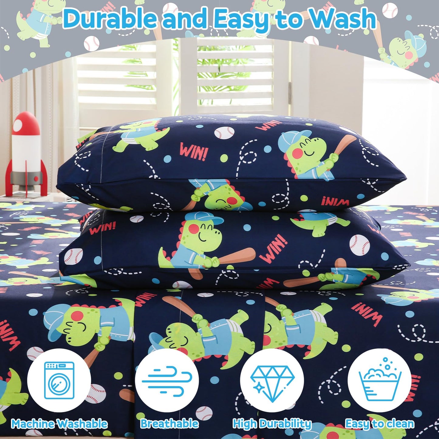 ChicView Full Sheet Set Kids,4 Pieces Breathable Soft Microfiber Bedsheets for Child Boys Girls, Anti Pilling Deep Pockets Easy Care Bed Sheets, Dino