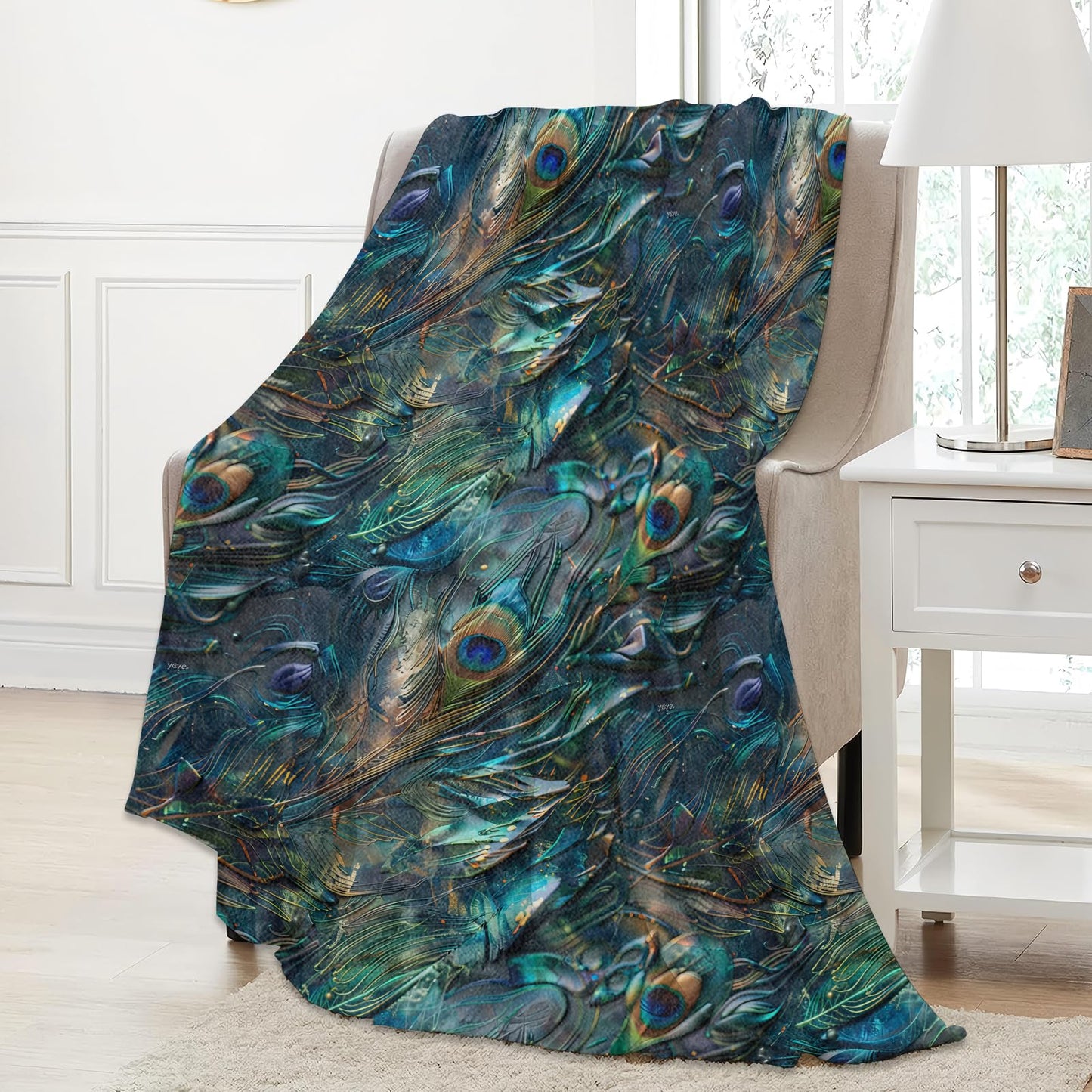 Aonimonis Peacock Feather Throw Blanket Gifts for Women, Soft Fuzzy Warm Cozy Flannel Blankets for Bedroom, Travel, Couch, Home Decor 50x60 in