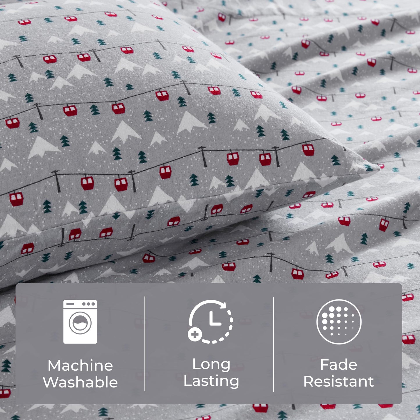Woolrich Cotton Sheet Set Cottage Charms Print, 100% Cotton Flannel Sheets Warm & Fuzzy Bedding Set Queen Size Sheets, Fitted Pocket Fits Up to 14" Mattress, Queen Grey Ski Jump 4 Piece