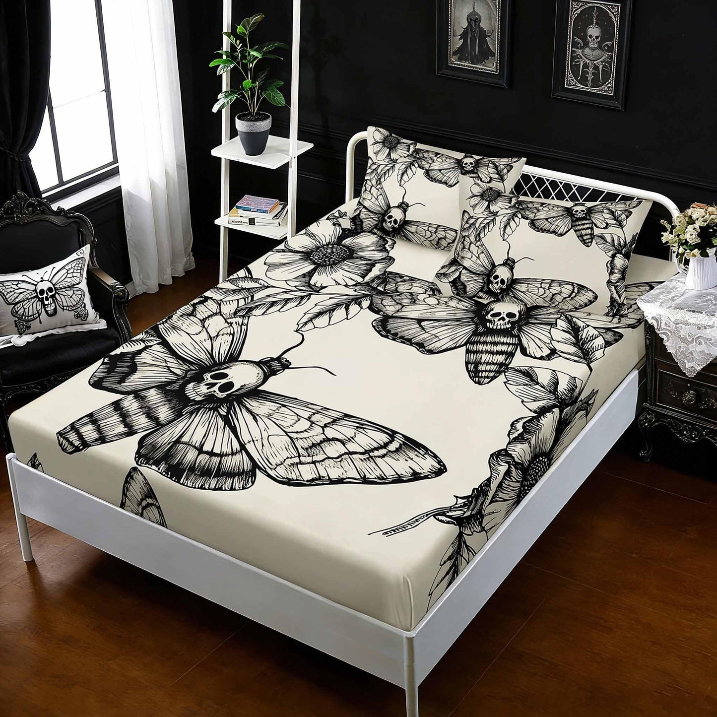 HOSIMA Death Moth Bedding Set for Girls Teen Boy Skull Decor Fitted Sheet Twin Size Halloween Bedding,1 Fitted Sheet+2 Pillowcases.