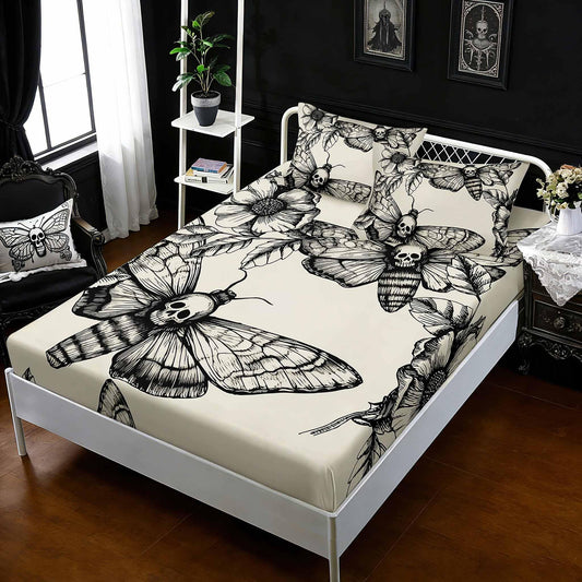 HOSIMA Death Moth Bedding Set for Girls Teen Boy Skull Decor Fitted Sheet Twin Size Halloween Bedding,1 Fitted Sheet+2 Pillowcases.