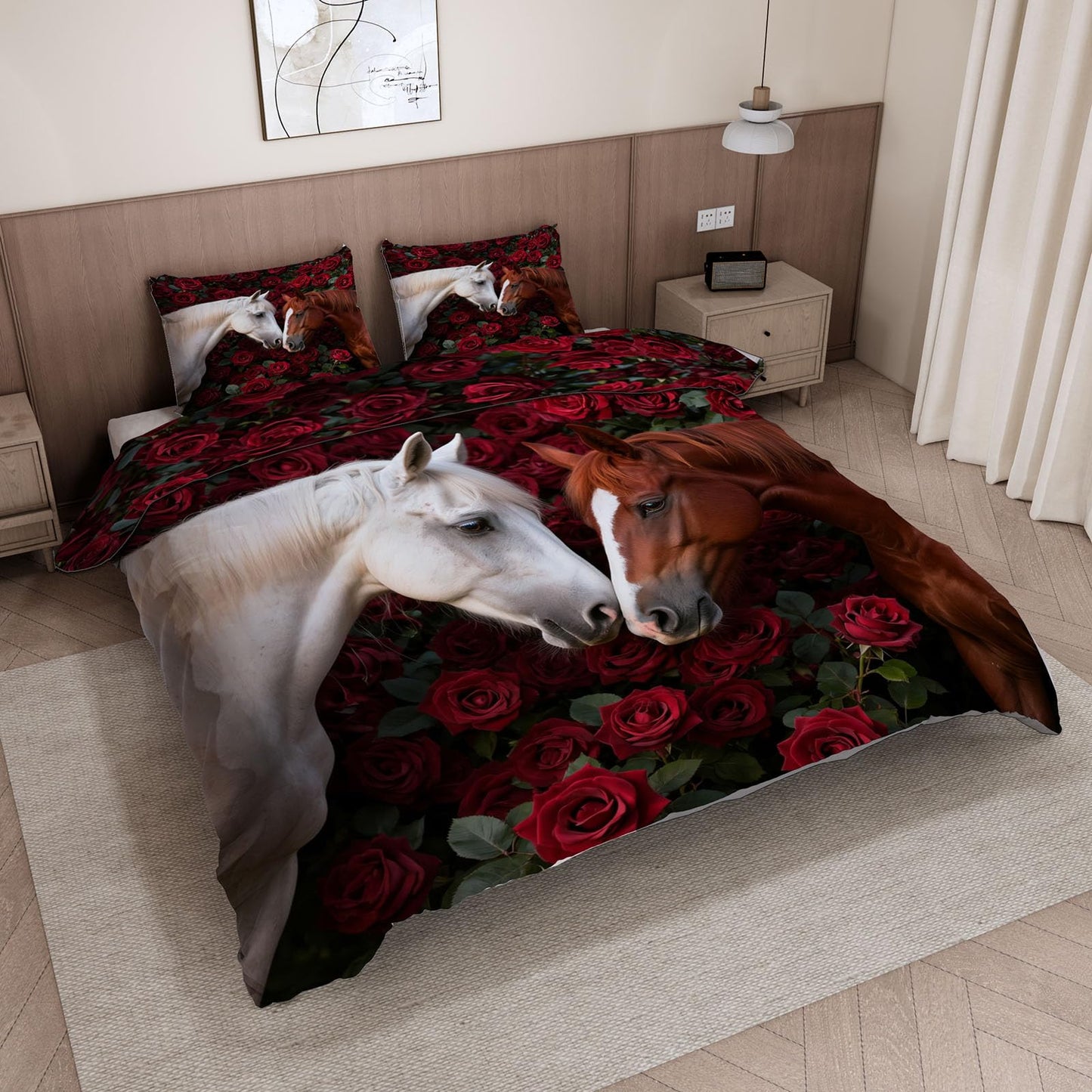 3D Horse Duvet Cover King Size 104x90in Soft Breathable Microfiber Rose Bedding Set Zipper Closure Reversible Comforter Cover 3 Pieces with 2 Pillow Shams (WJT 23-5)