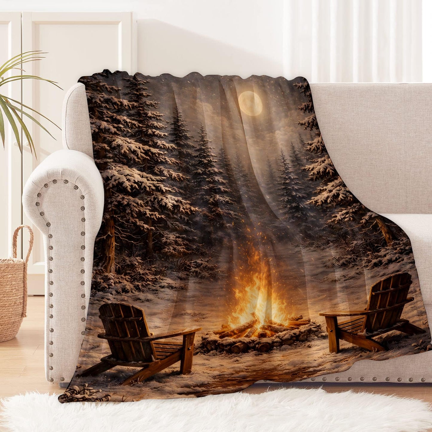 cromcu Winter Campfire Blanket Soft Lightweight, Snowy Forest Moonlight Flannel Throw Blankets for Bed Sofa Office RV Travel Home Bedroom Rustic Decor, Camping Lovers Gifts 60"X50"