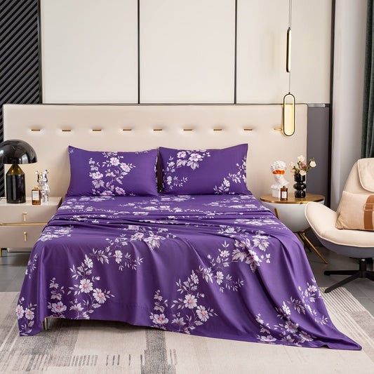 Bedlifes King Sheet Set Ultra Soft, Breathable, Silky Flower Deep Pocket 100% Microfiber Bedding, 4 Piece King Size Dark Purple Floral