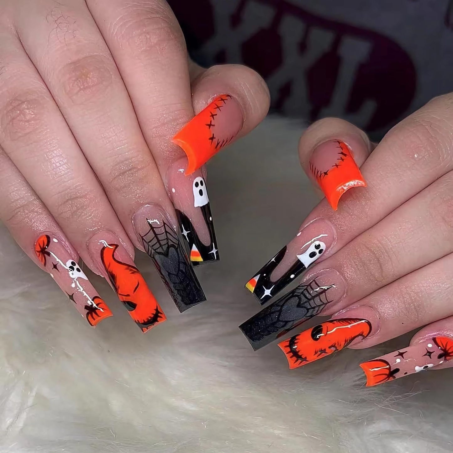 BABALAL Press on Nails Long Square Fake Nails Black Orange French Tip Glues ons Ghost Spider Web Halloween Goth Design 24Pcs Manicure Stick on Full Cover False Nails
