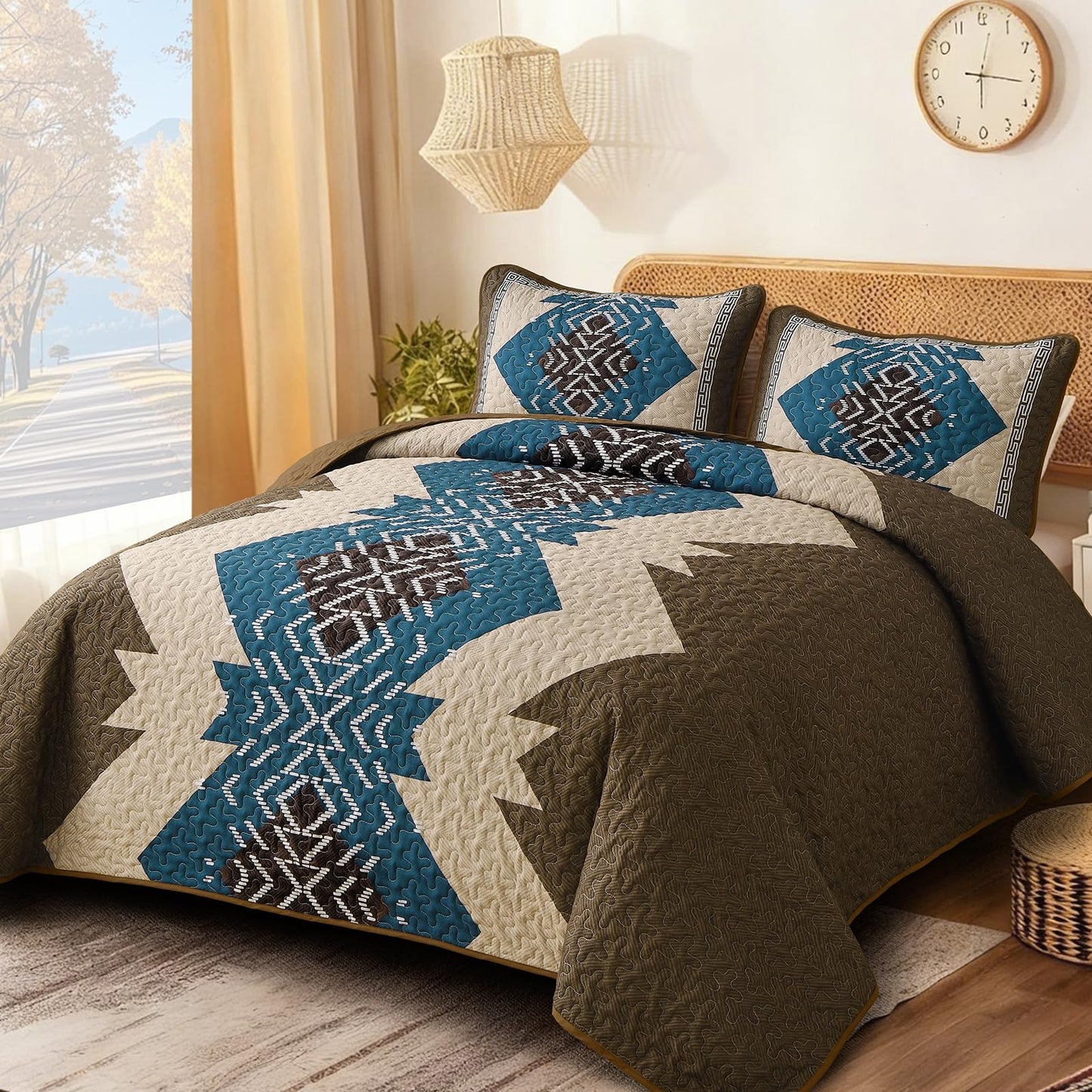 Dintszyayue Boho Quilt Set King Size, Brown Aztec Texture Bedspread Set, 3 Pieces Texture Southwestern Bedding Set, Soft Lightweight Coverlet Set for All Season Bedding with 2 Pillowcases