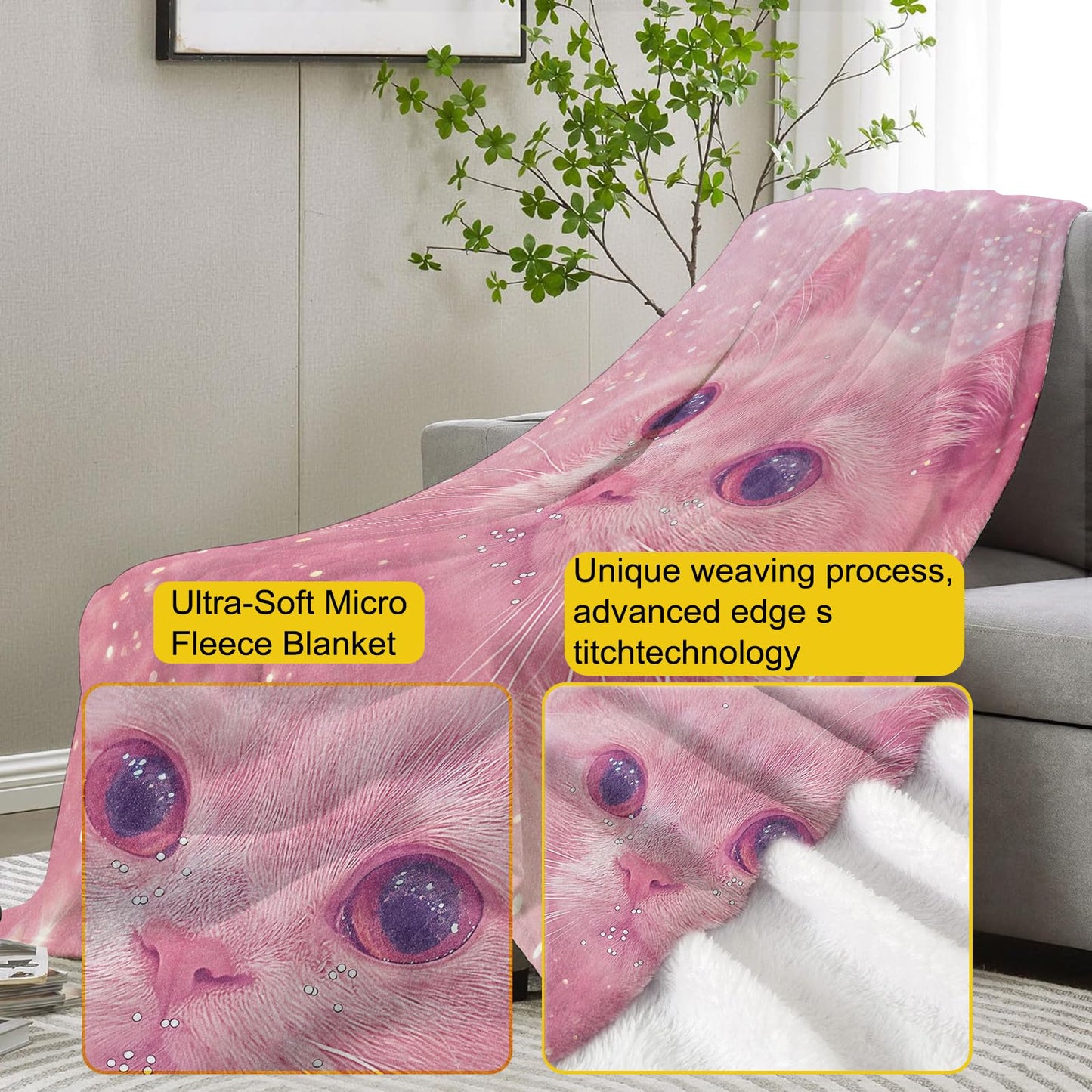 VANZEV Pink Cat Blanket,Cute Kitten Flannel Throw Blankets,Soft Warm Lightweight Cozy Plush Animal Throws for Bedroom Sofa Home Decor Gifts for Women Girls 50"x60"