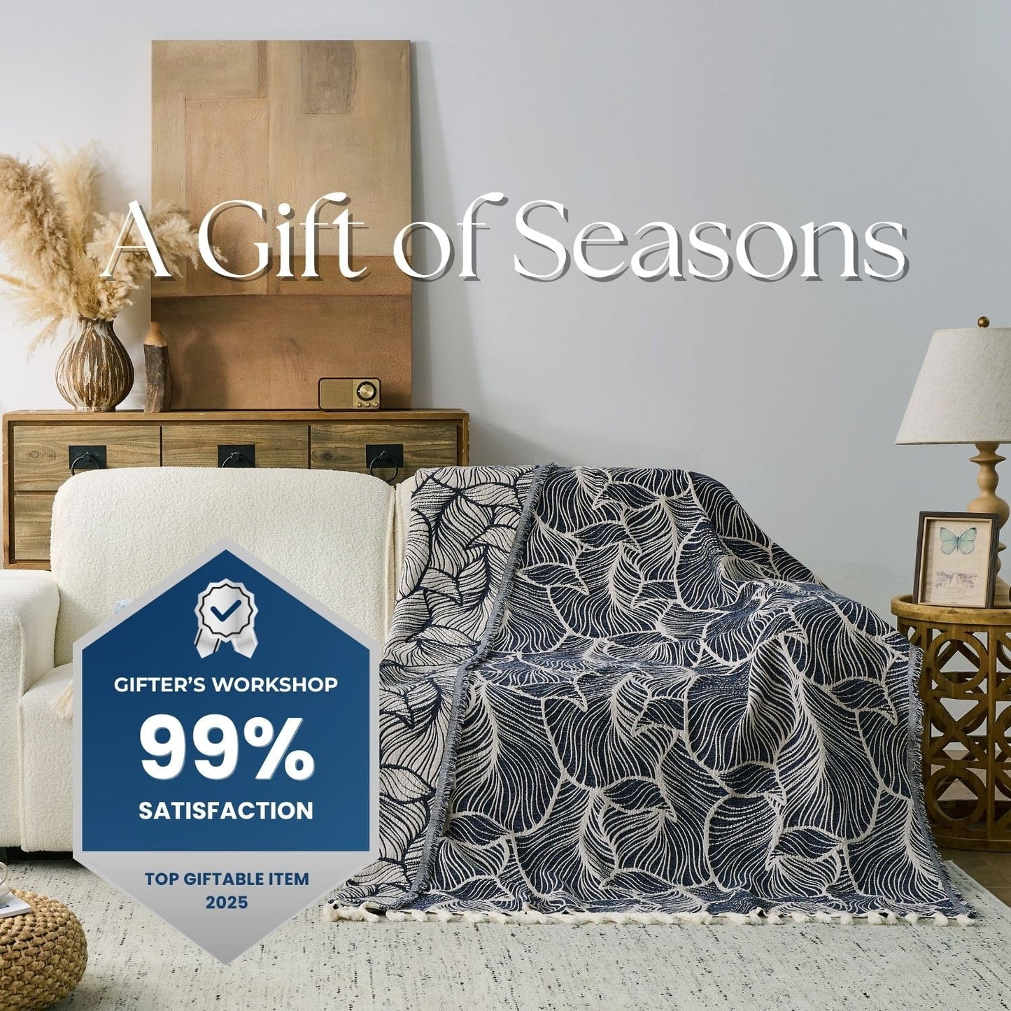 DOWN HOME Chenille Cotton Throw Blanket for Couch, Lightweight Boho Blanket for Bed Sofa Chair Living Room Outdoor Soft Woven Decorative Blanket with Tassel Gift Navy Leaves 55"x60"