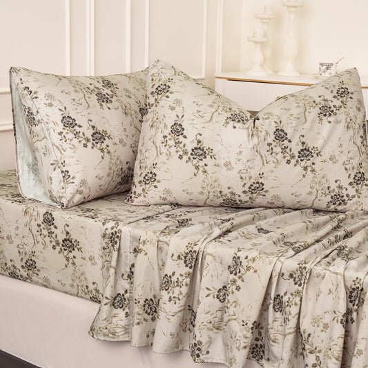Huborise Beige Floral Bed Sheets Queen Size Sheet Set 100% Cotton Satin Weave 4Pcs, Tan Taupe Flower Printed Bed Set with Deep Pocket 17.5", Soft Breathable & Crisp, Luxury Shabby Vintage Style,Queen