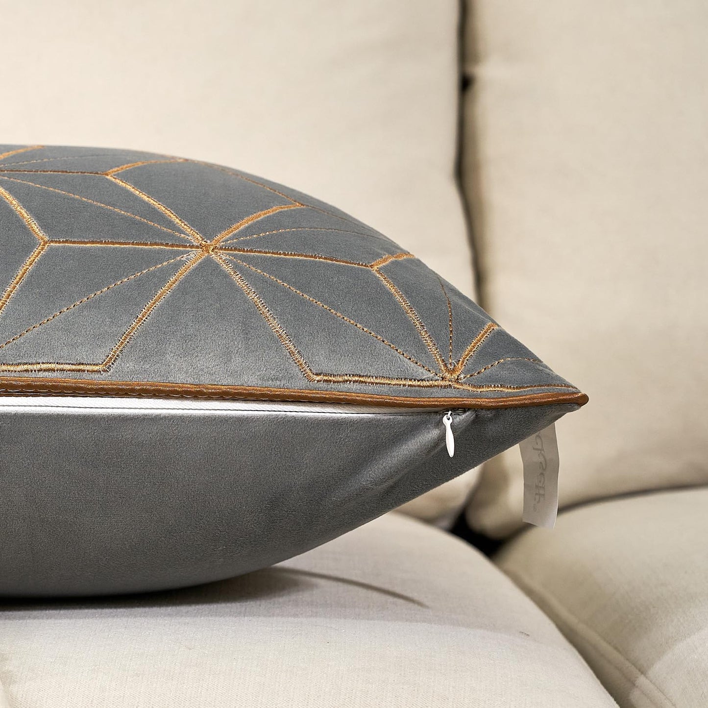 Aeckself Gray Gold Velvet Lumbar Throw Pillow Cover 12 x 20 Inch, Embroidery Rectangle Modern Plaid Accent Pillow Cover with Stitched Edge Decorative Oblong Cushion Case for Couch Living Room Bedroom