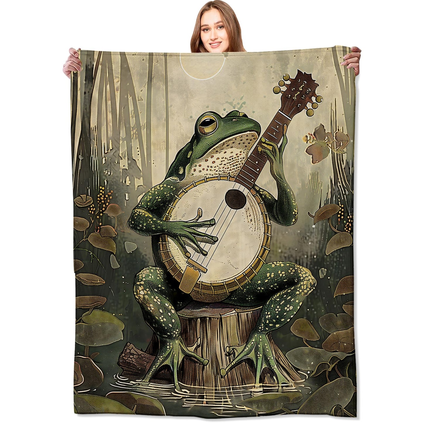 VODRM Banjo-Playing Frog Blanket Whimsical Woodland Throw Blankets with Musical Animal & Moonlit Swamp,Birthday Gifts for Kids Adult,Lightweight Soft Fleece,for Sofa Couch Bed Room Decor 50x60in