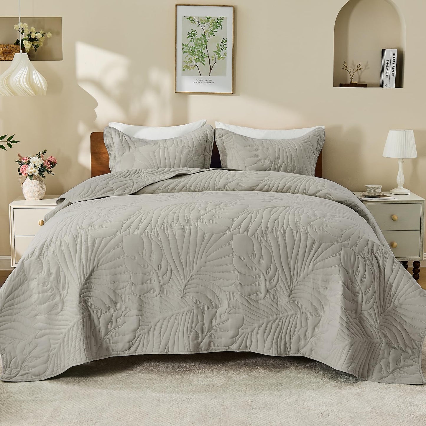 DaisyHuang Quilt Set King Size -Leaves Pattern Stitching Quilt Set - Elegant & Fresh Style Bedding Coverlets, Ultrasonic Quilting, Reversible, Lightweight, 4 Piece, Taupe