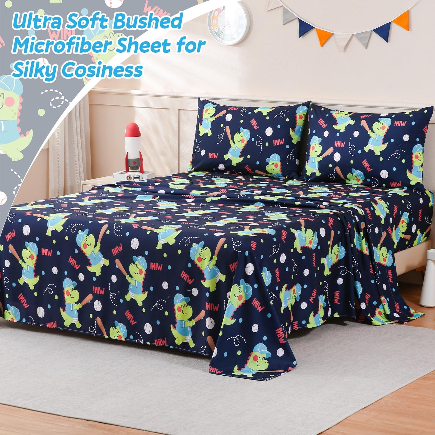 ChicView Queen Sheet Set Kids,4 Pieces Breathable Soft Microfiber Bedsheets for Child Boys Girls, Anti Pilling Deep Pockets Easy Care Bed Sheets, Dino