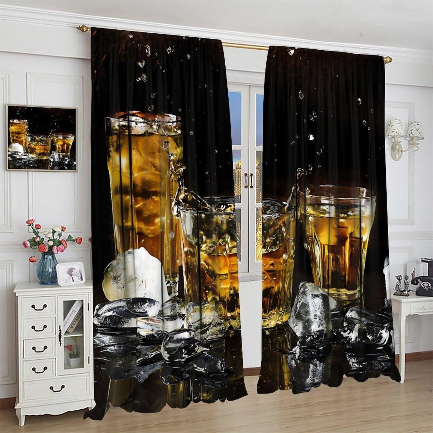 Fblifil Wine Curtains,Happy Alcoholic Wine Glasses Ice Cubes Printed Rod Pocket Window Treatments for Women Men Living Room Bedroom Cafe Kitchen Bar Decor 42" W X 45" L