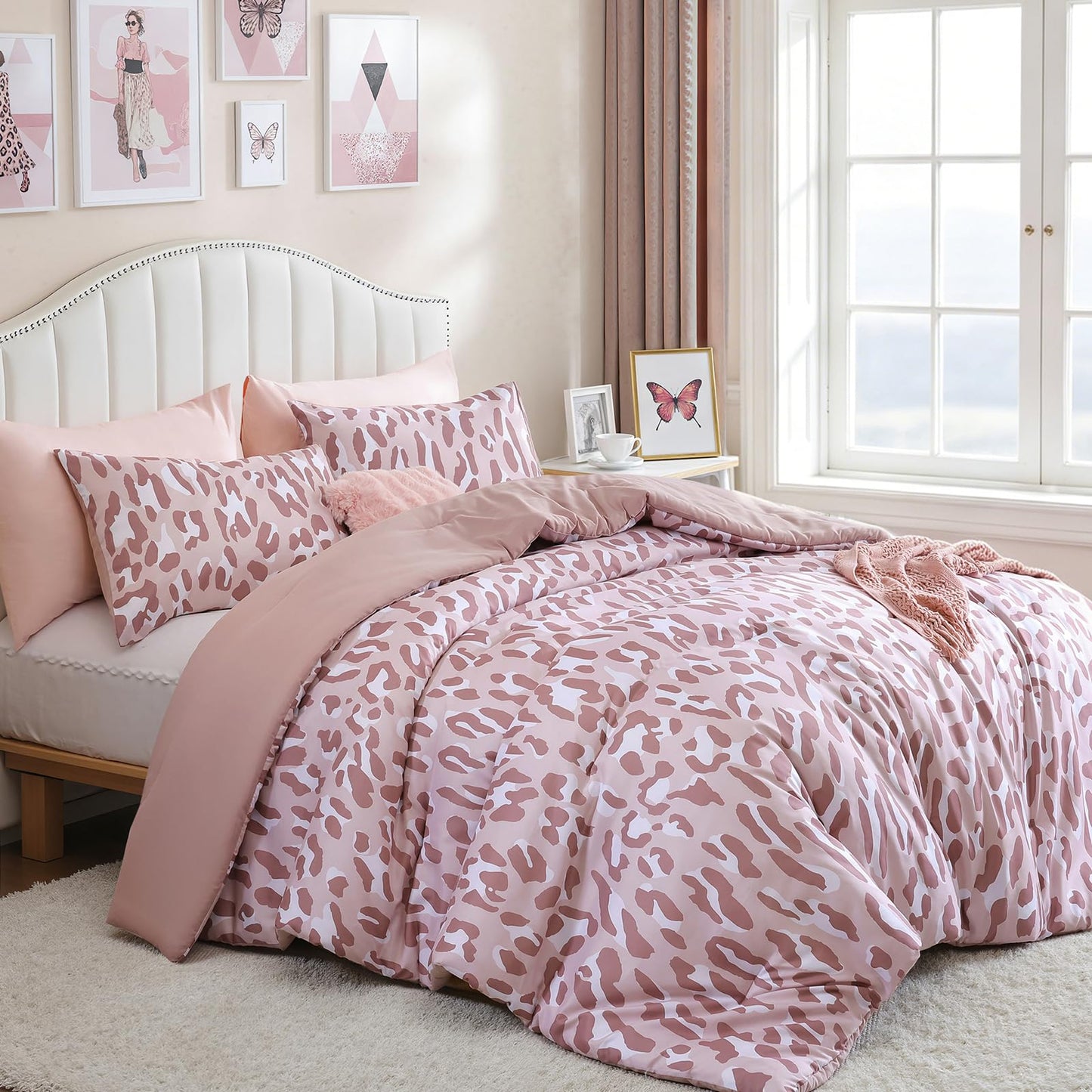 JANZAA Leopard Print Comforter Set King Size - 3 Pieces Animal Cheetah Printed Comforter Set, Cozy Soft Fluffy Pastel Pink/Floral Print Bedding Set with 2 Pillowcases for All Season