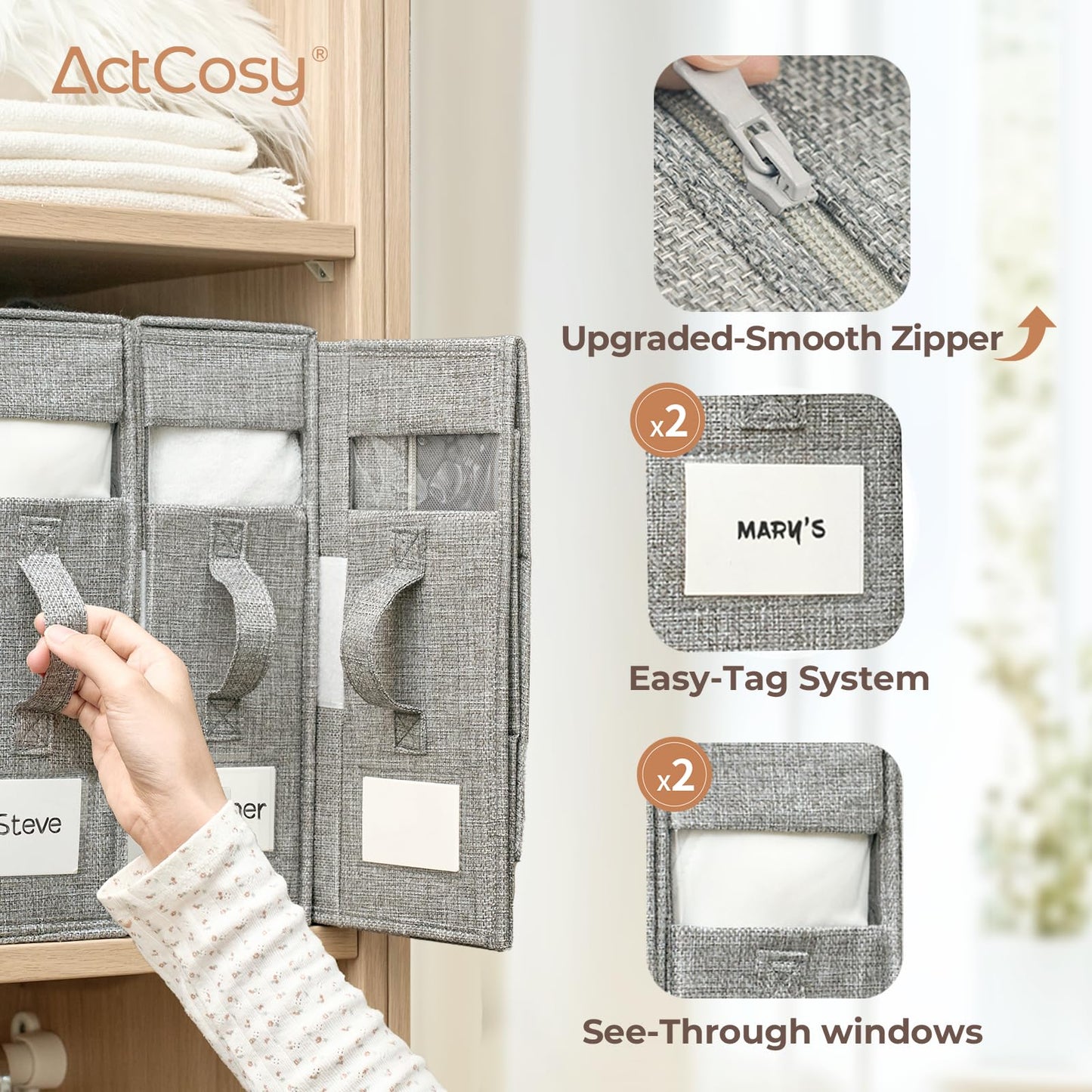 ActCosy 8Pack Sheet Organizers and Storage with Handles – Foldable Linen Closet Storage for King & Queen Sheet Sets – Clear Window & Removable Labels – Dustproof & Space-Saving Design, 8Pack, Grey