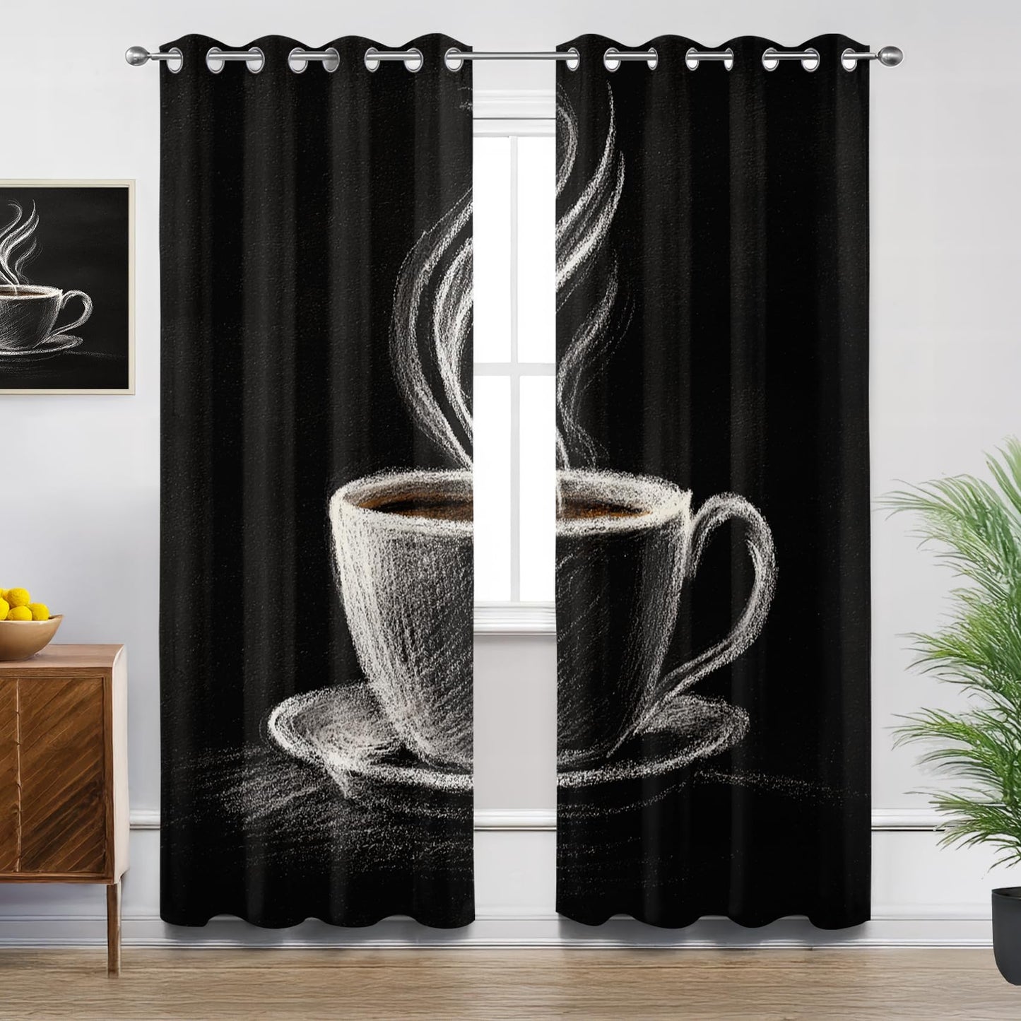 Solvivae Coffee Curtains Blackout, Room Darkening Thermal Insulated Grommet Drapes for Bedroom Living Room, Vintage Coffee Cup Patterned Window Treatments, 96 Inch Curtains 2 Panel Set