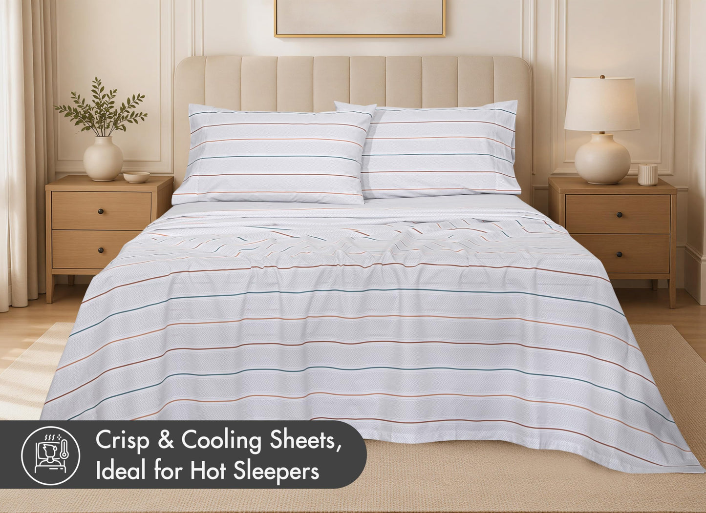 RUVANTI 100% Cotton Percale Sheets Queen Size, Chevron Twill Stripe