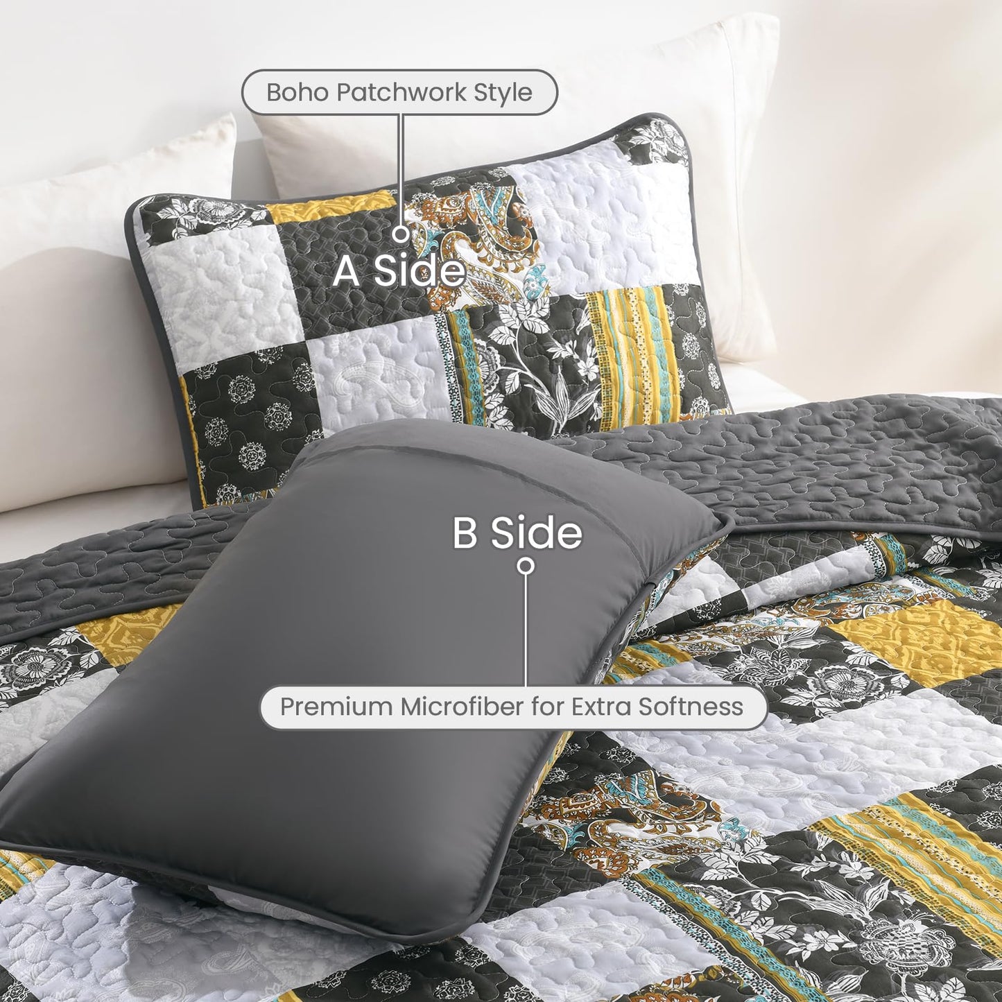 Patchwork Quilt Set King Grey Boho Bedsperad Classic Coverlet Set, 3 Pieces Bohemian Quilts Grey Yellow Bedding Set, Soft Microfiber Reversible Plaid Patchwork Bedspread for All Seaon (110''x90'')