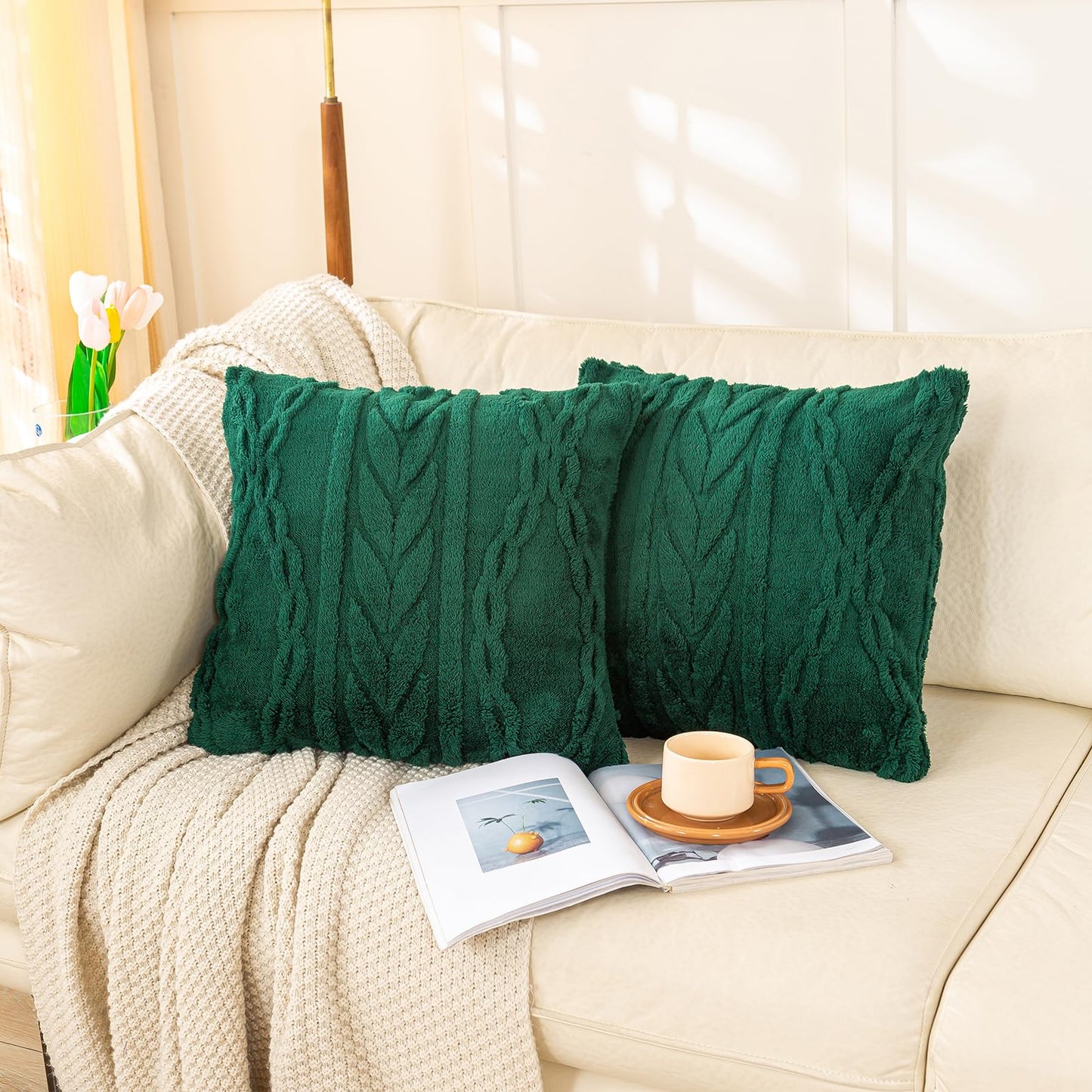 YUSOKI Sherpa Throw Pillow Covers-3D Stylish Design,Set of 2-Decorative Fuzzy Fluffy Cozy Pillow Cases for Sofa Couch Bedroom Without Insert(Forest Green,18"x18")