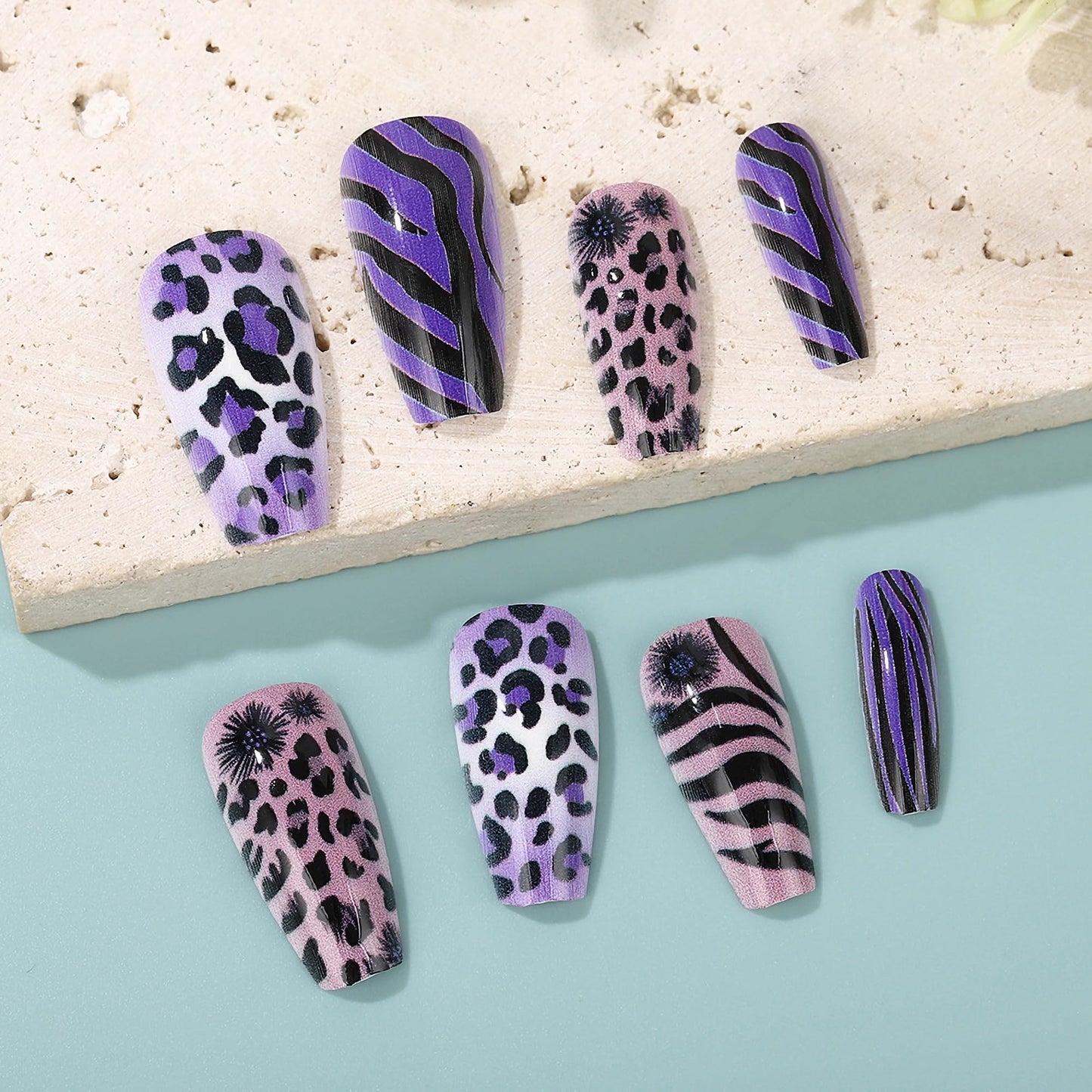 MERVF Coffin Press on Nails Long Fake Nails Purple Leopard Glue ons Ballerina Animal Print Design Acrylic Nail Supplies DIY Wild Manicure Glossy 24pcs