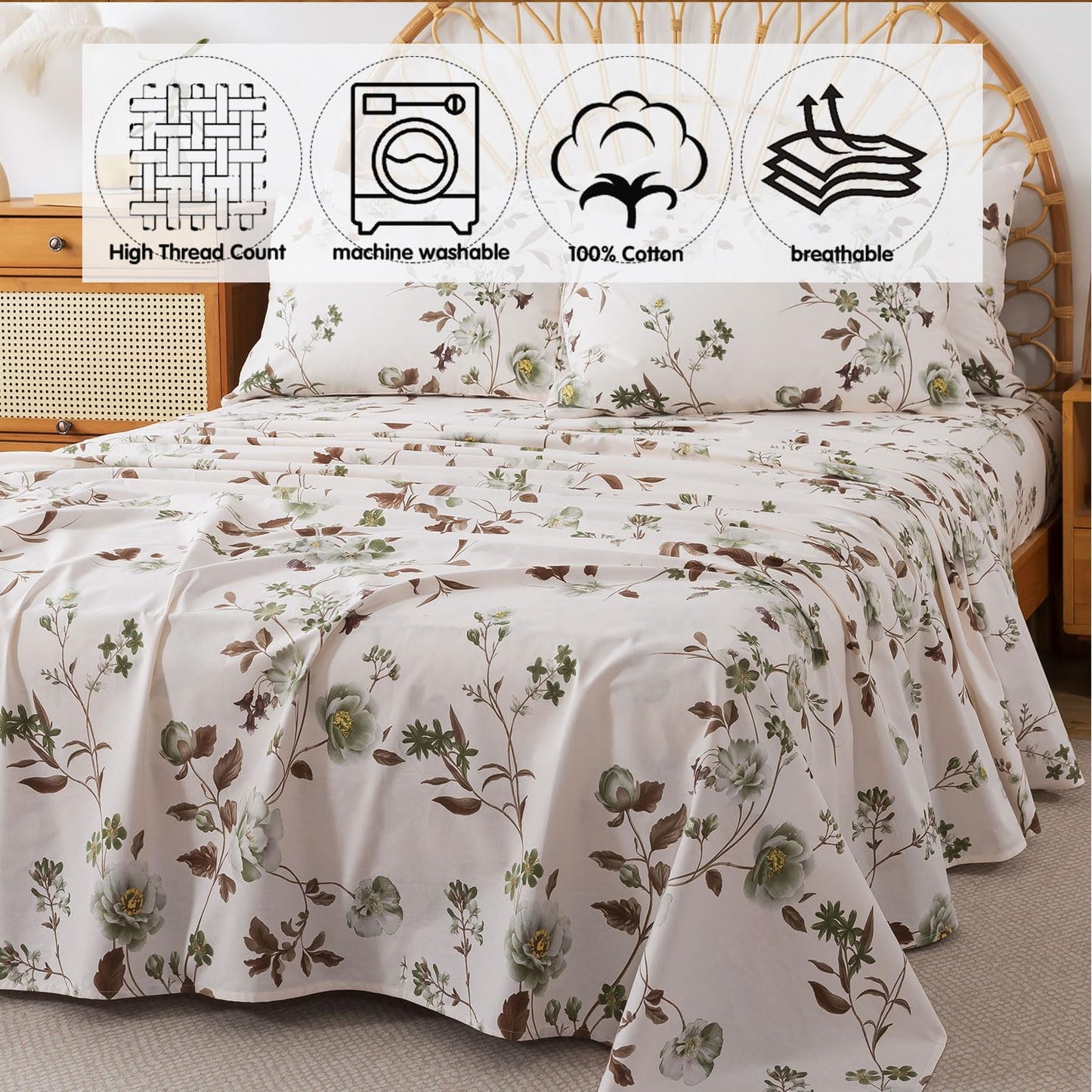FADFAY Twin Sheets Set Percale Cotton Floral Bed Sheets Deep Pocket Fitted Sheet, Luxury Green Rose Floral Printed Shabby Bedding for All Season, Super Soft Crisp & Cool,4pcs