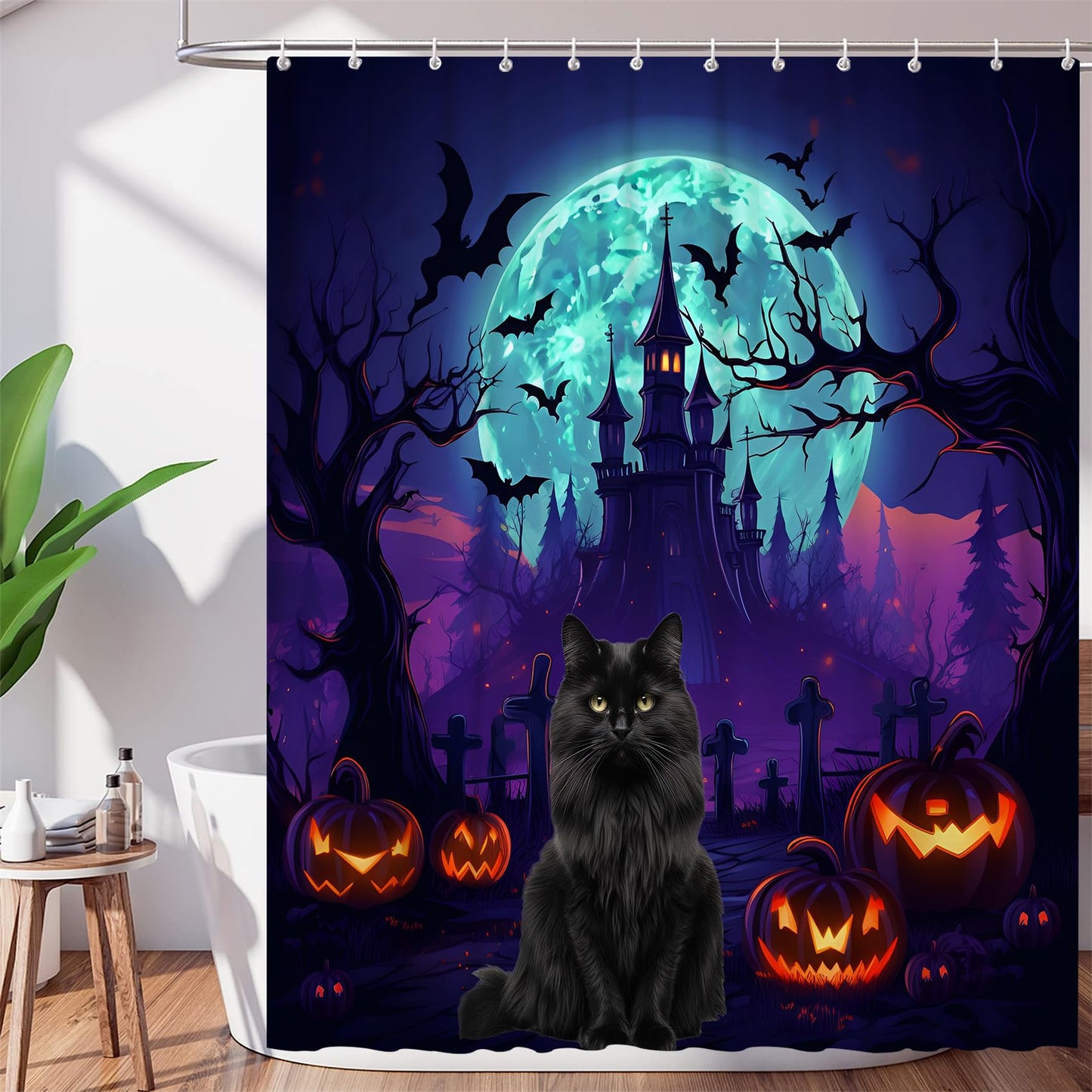 DuriLolly Haunted House Halloween Shower Curtain Scary Black Cat Bats Cemetery Castle Shower Curtains Horror Pumpkins Lantern Full Moon Night Halloween Bathroom Decor Waterproof Fabric 71x71 inch