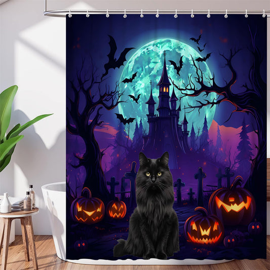 DuriLolly Haunted House Halloween Shower Curtain Scary Black Cat Bats Cemetery Castle Shower Curtains Horror Pumpkins Lantern Full Moon Night Halloween Bathroom Decor Waterproof Fabric 71x71 inch